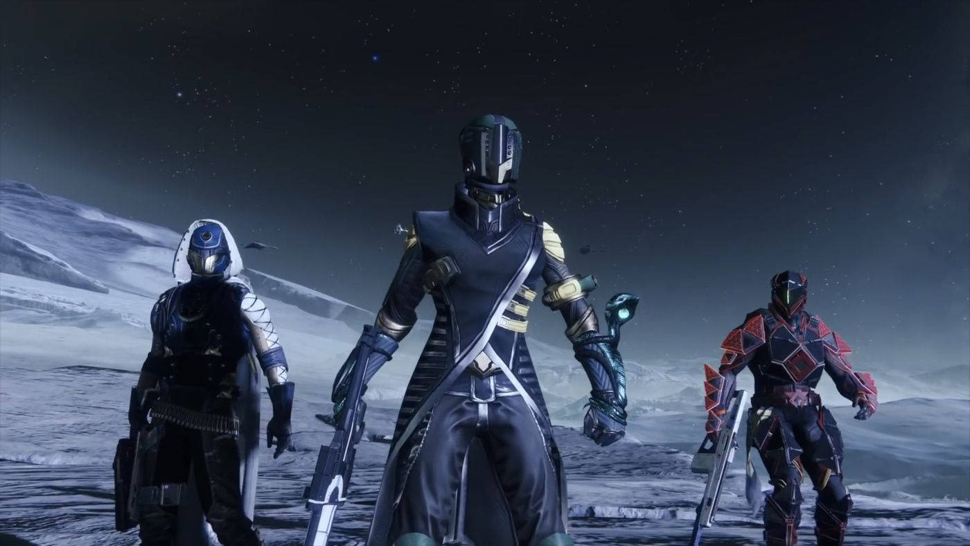 探索宇宙，塑造你的命運：Destiny 2: Shadowkeep 壁紙 — 三名身穿裝甲的太空戰士站在一個白雪覆蓋的外星行星上，夜空繁星點點。