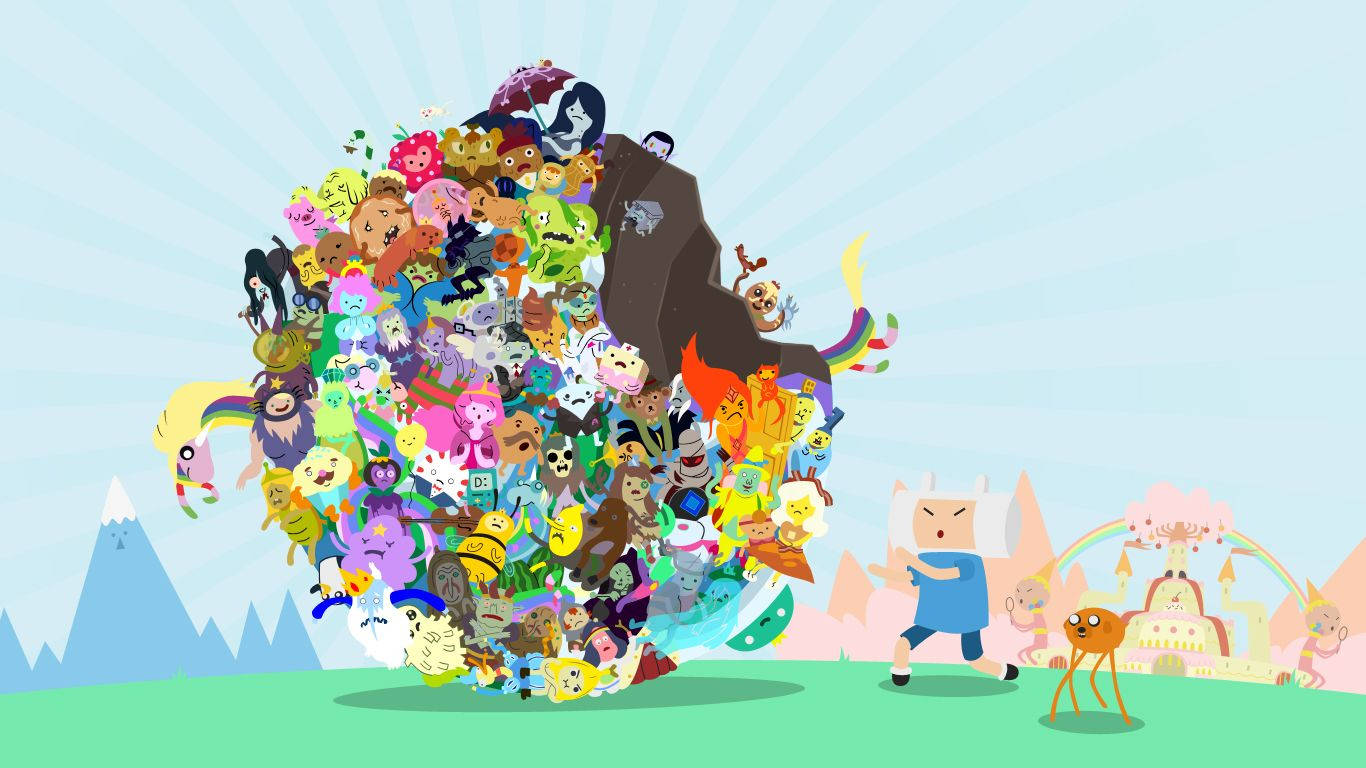 探索宇宙一號的《Adventure Time》冒險 壁紙 — 冒險角色從一塊巨大的岩石中爆發出來，而芬恩和傑克在充滿活力的卡通風景中準備就緒。