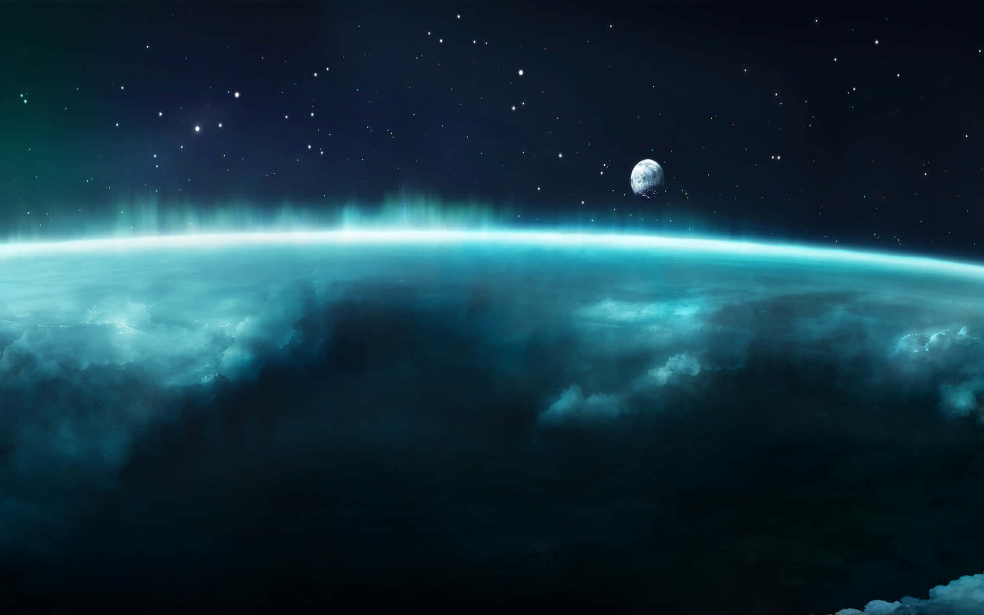 極光在行星的地平線上方發光，黑暗的天空中有星星和月亮。