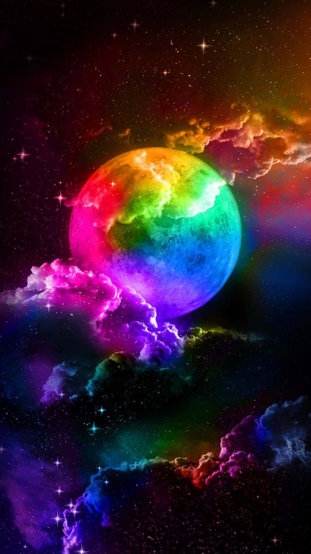 探索宇宙之美，感受星河彩虹的閃耀色彩 壁紙 — 一顆充滿活力的彩虹行星漂浮在旋轉的宇宙雲和閃爍的星星之間，構成生動的太空場景。