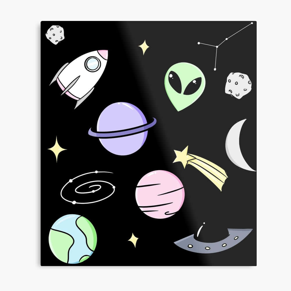 粉彩色的太空物體，包括外星人、火箭和行星，漂浮在黑色太空中。