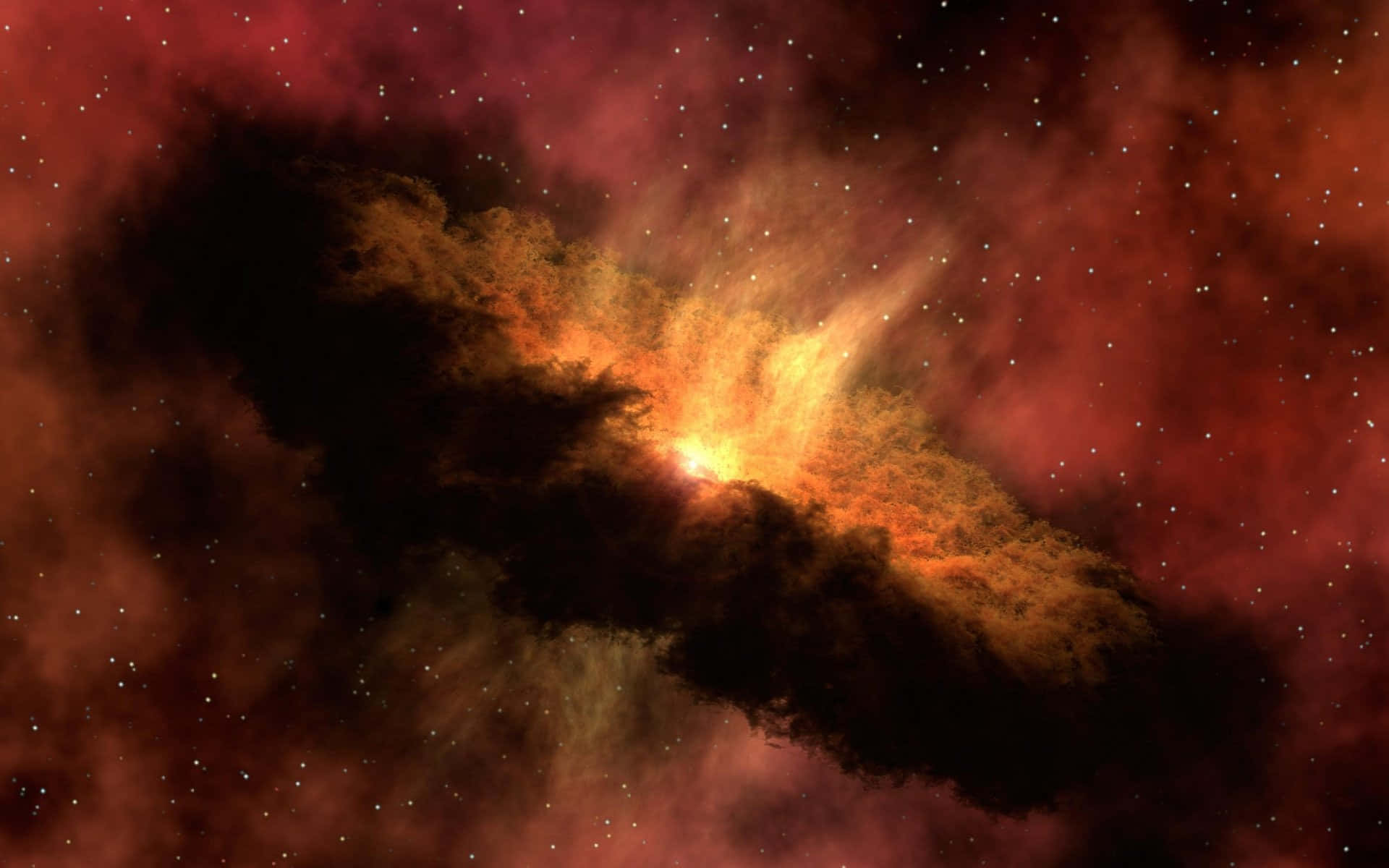 充滿活力的宇宙星雲，帶有發光的橙色核心和紅色雲霧，周圍環繞著星星。