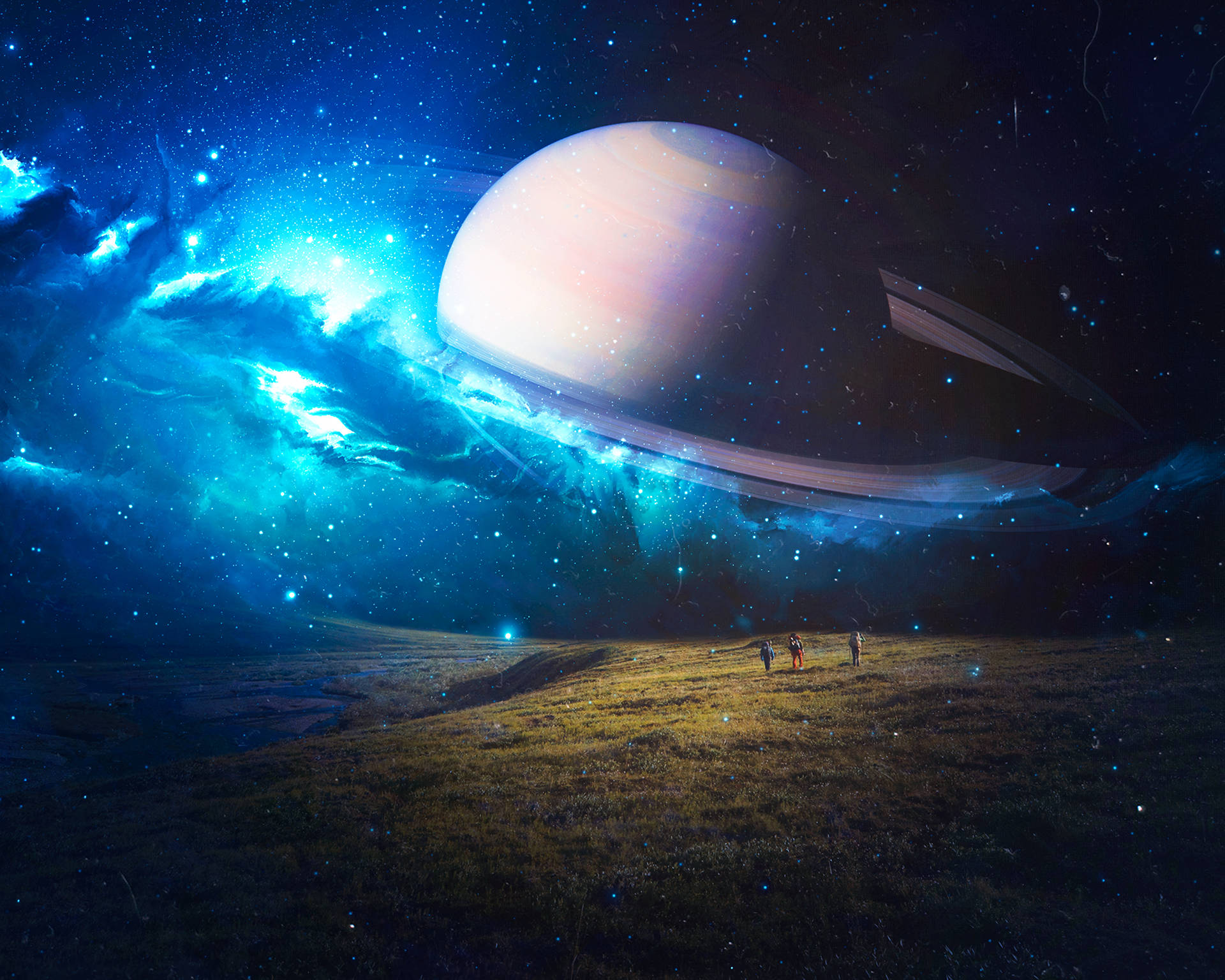 三個人仰望漂浮在星空田野上方的巨大土星。