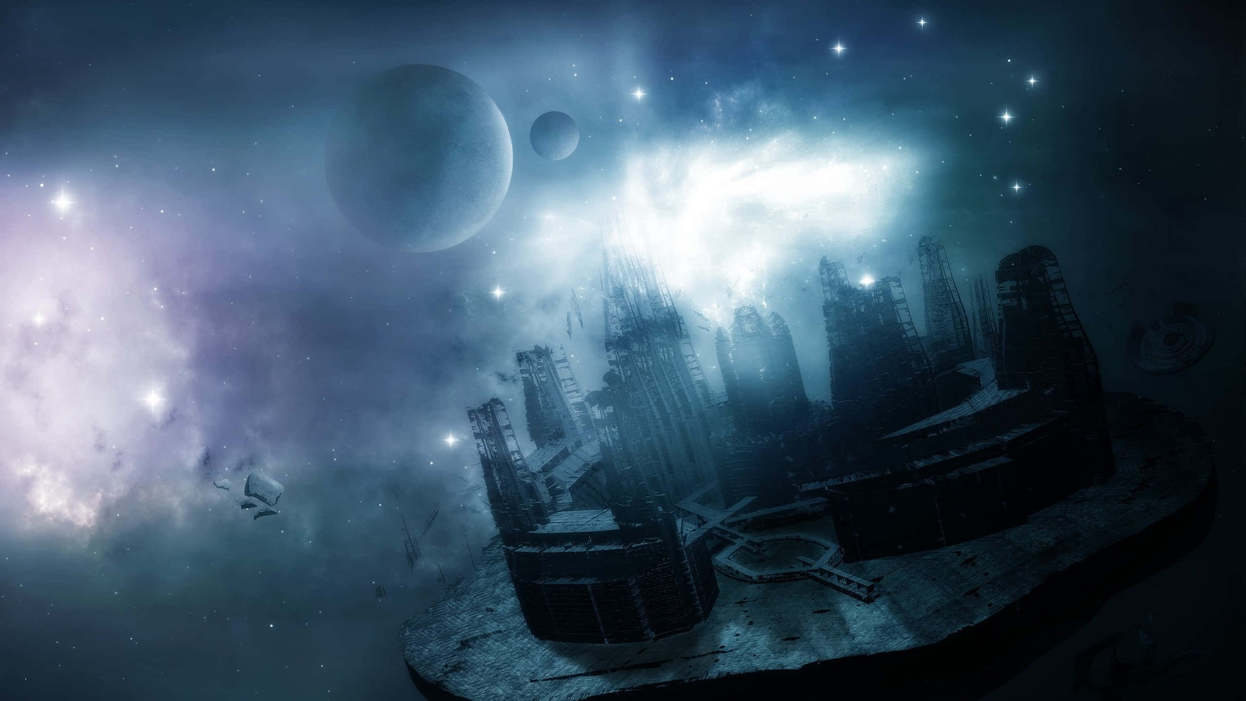 未來主義的太空站在充滿活力的星雲中繞行星運行。