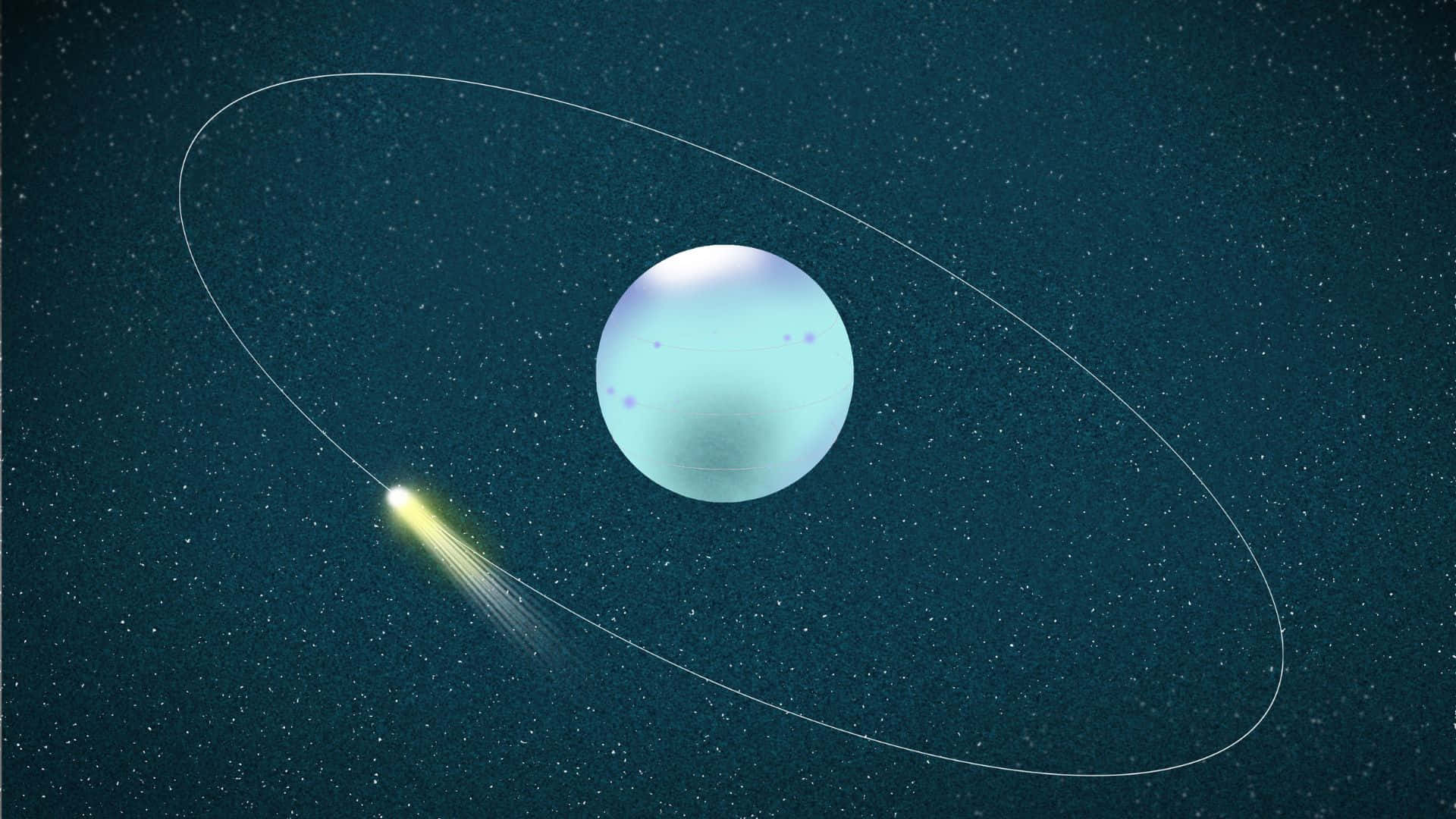 一顆帶有明亮尾巴的彗星在滿天繁星的夜空中環繞一顆淡藍色行星運行。