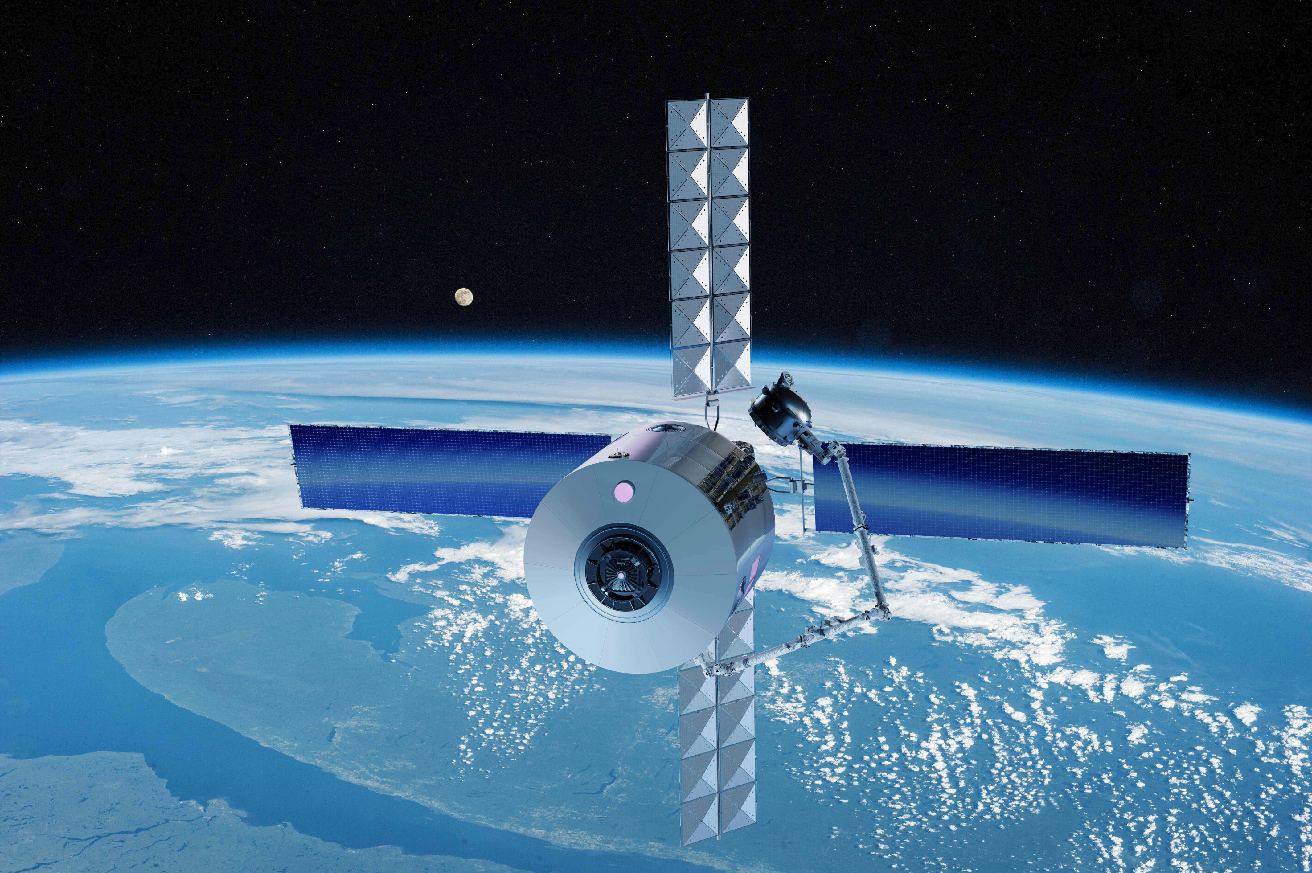 探索宇宙未知的喜悅 壁紙 — 一個詳細的衛星環繞地球運行，月球在藍色行星上方的太空黑暗中可見。