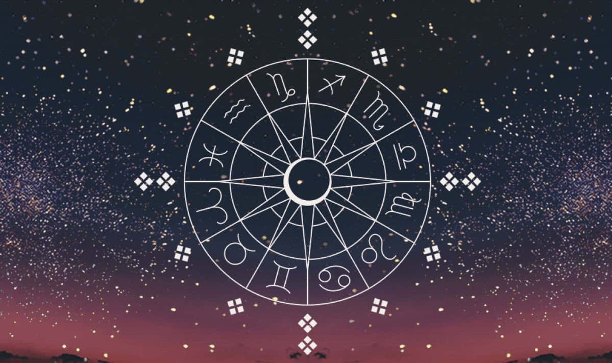 探索宇宙的力量 壁紙 — 一個白色嘅星座輪漂浮喺有粉紅色同紫色漸變嘅星空暮色天空上。