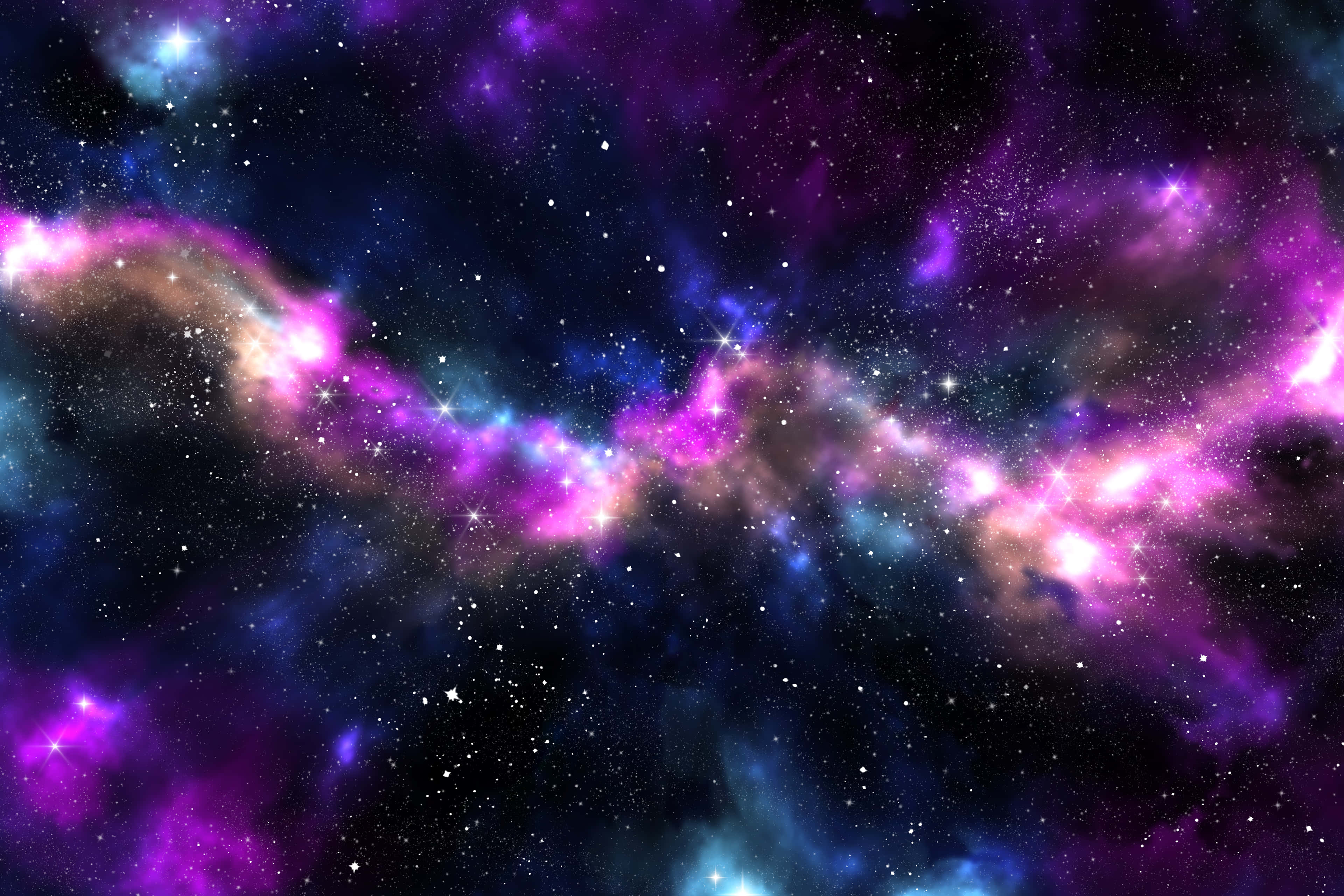 探索宇宙的壯麗之美 壁紙 — 充滿活力的紫色和藍色宇宙星雲在深邃的黑色太空背景下與發光的星星一起旋轉。