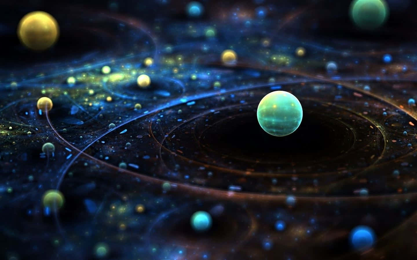 發光的行星在充滿活力的宇宙星雲中運行，伴隨著旋轉的藍色和金色光芒。