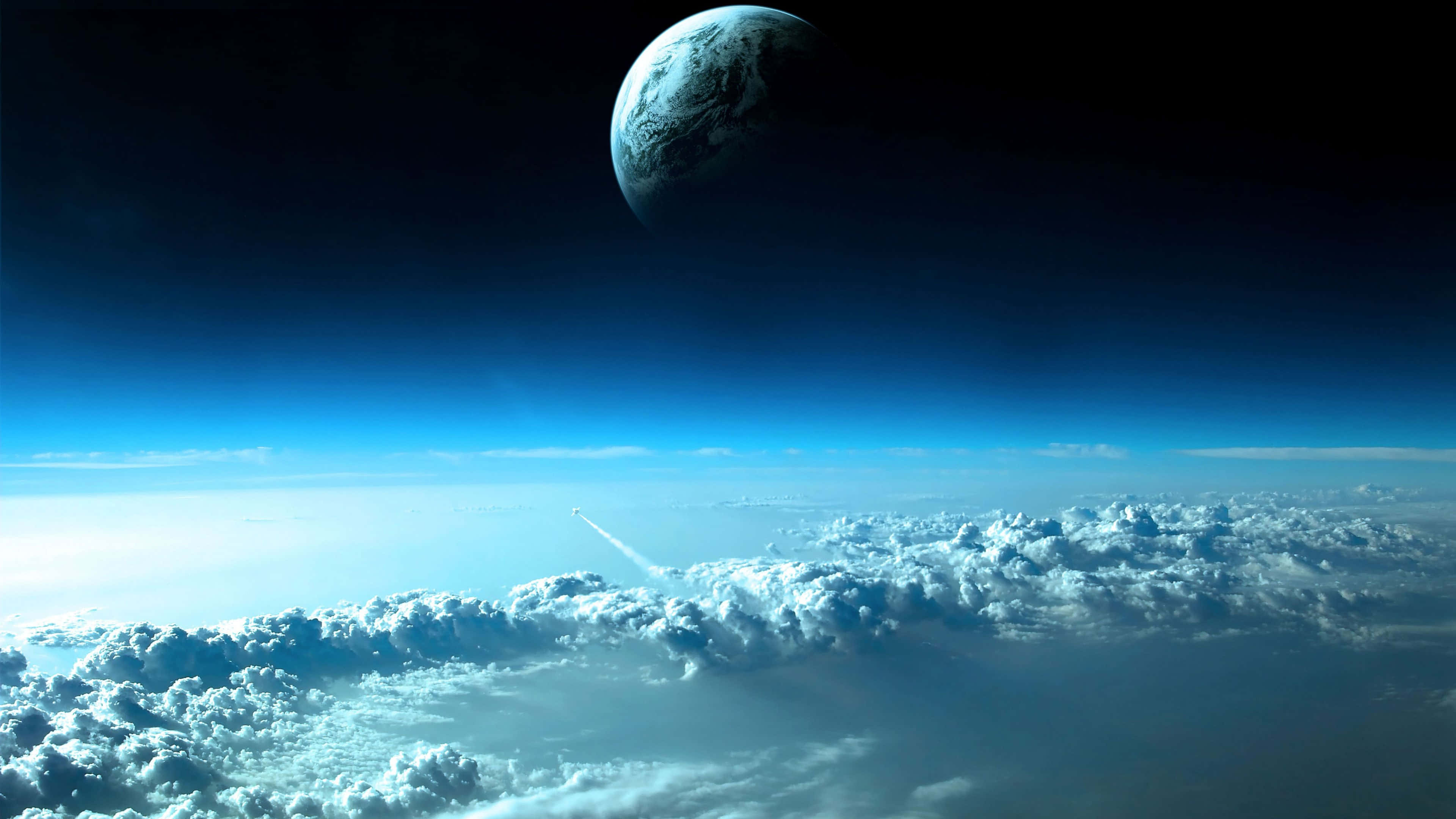 探索宇宙的奇觀 壁紙 — 一枚火箭穿過蓬鬆的雲層，衝向懸掛在黑暗宇宙中的發光藍色行星。