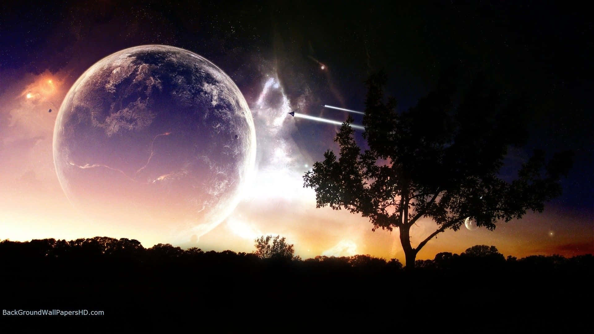 黃昏時分的樹木剪影，天空中有一顆巨大的行星和發光的星雲。