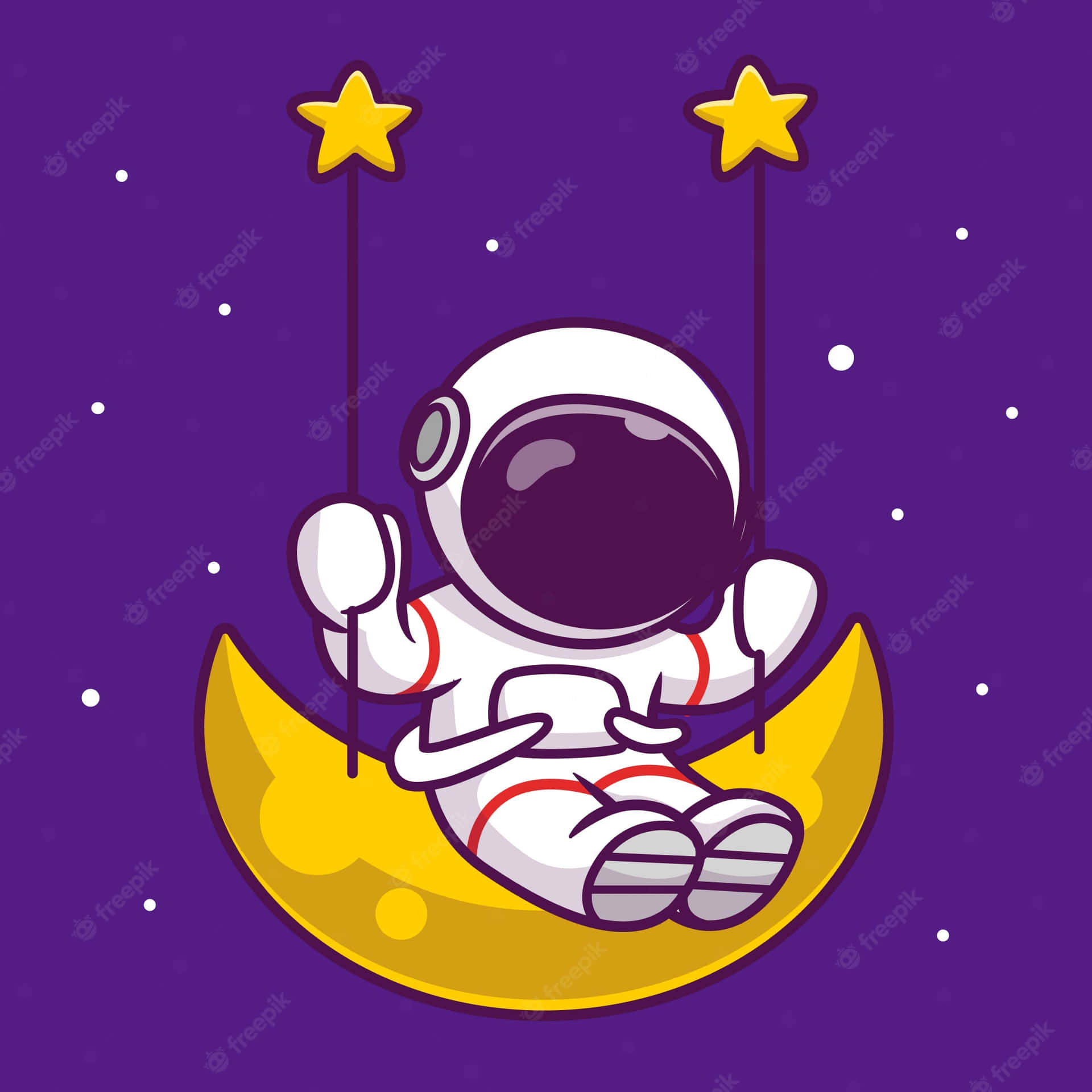 一個卡通太空人在紫色夜空中，在新月上於兩顆星星之間搖擺。