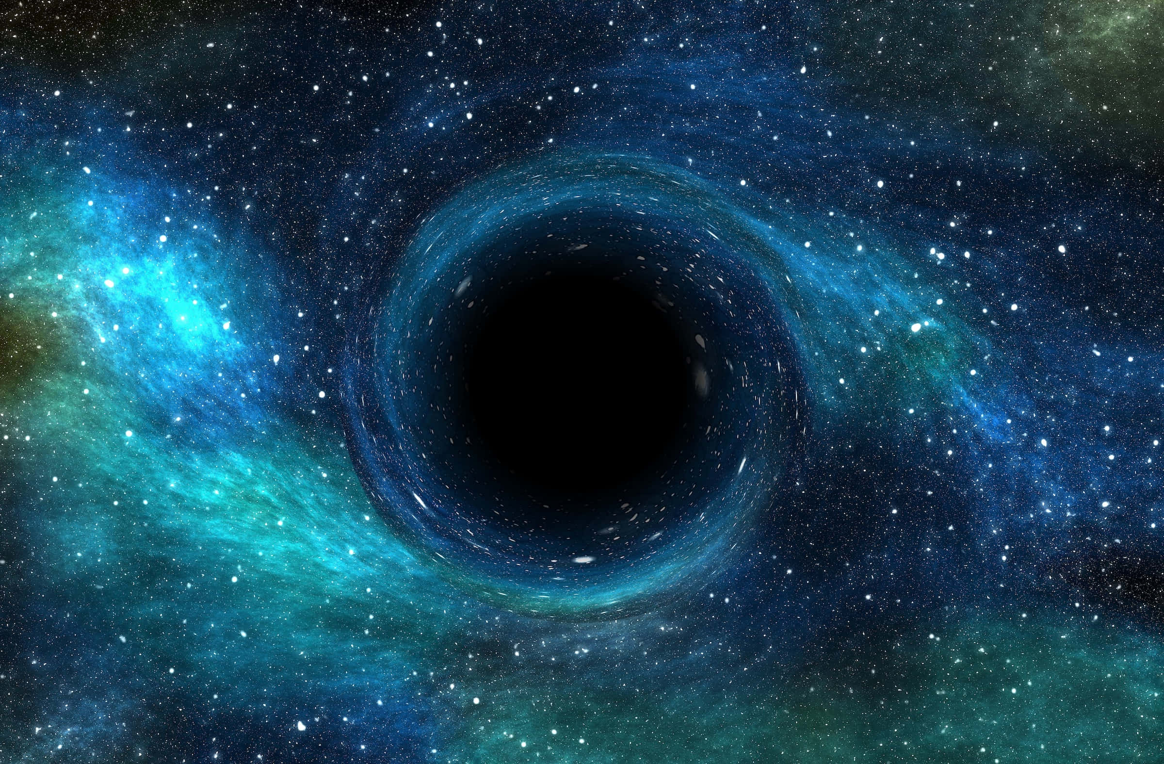 探索宇宙的奧秘 壁紙 — 一個宇宙黑洞在深空星場中旋轉著充滿活力的藍色和藍綠色星雲。