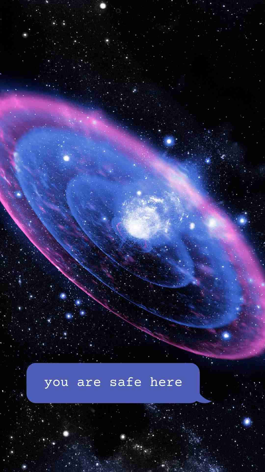 一個帶有藍色和粉紅色調的宇宙星系，以及一個寫著你在這裡是安全的的文字氣泡。