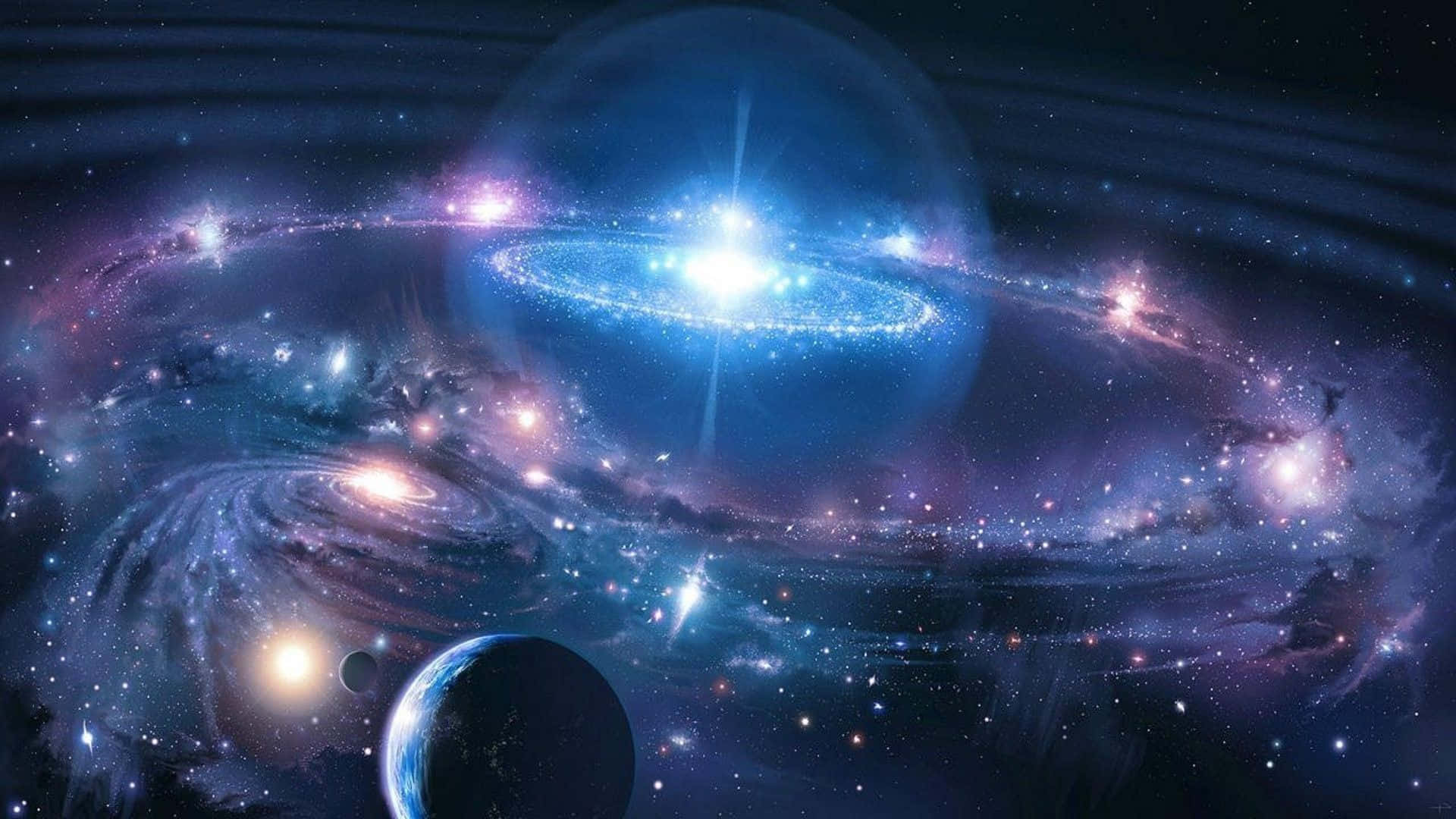 一個充滿活力的宇宙場景，旋轉的星系和發光的星星圍繞著中央的藍色星雲。