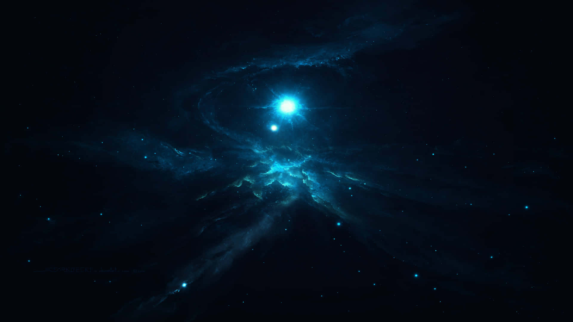 一顆明亮的藍色恆星在深空中透過發光的宇宙雲層閃耀。