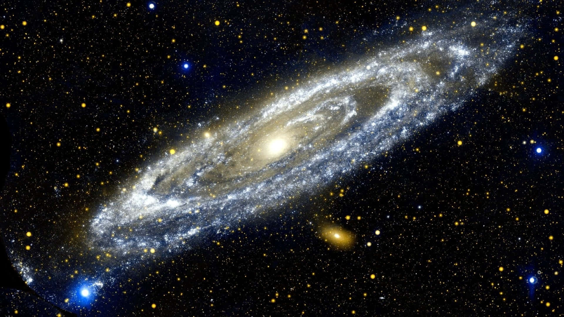 螺旋星系，在深空中帶有明亮的旋臂和散落的恆星。