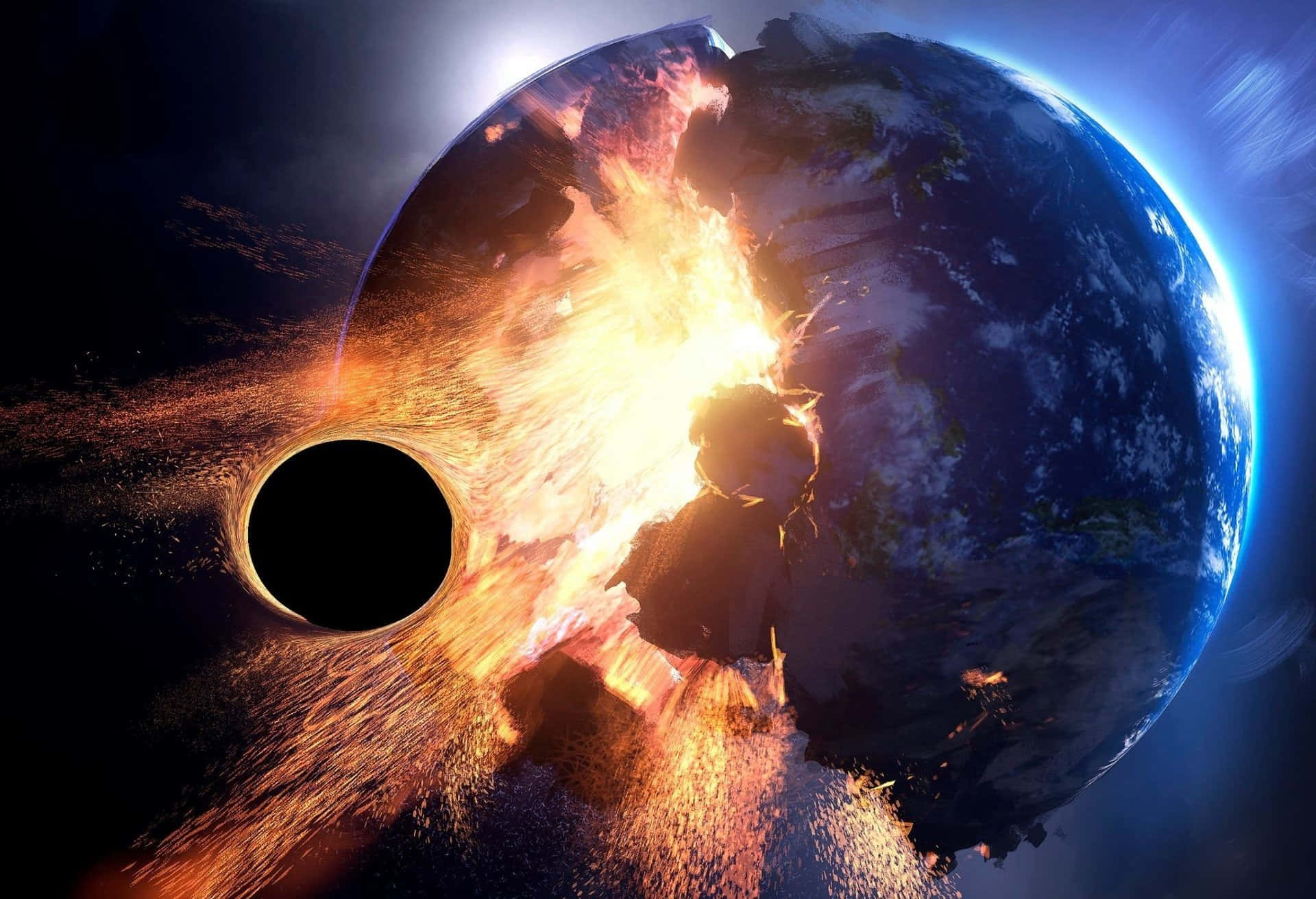 探索宇宙的深邃奧秘 壁紙 — 一顆行星在熾熱爆炸中碎裂，黑洞在宇宙黑暗中吞噬其核心。