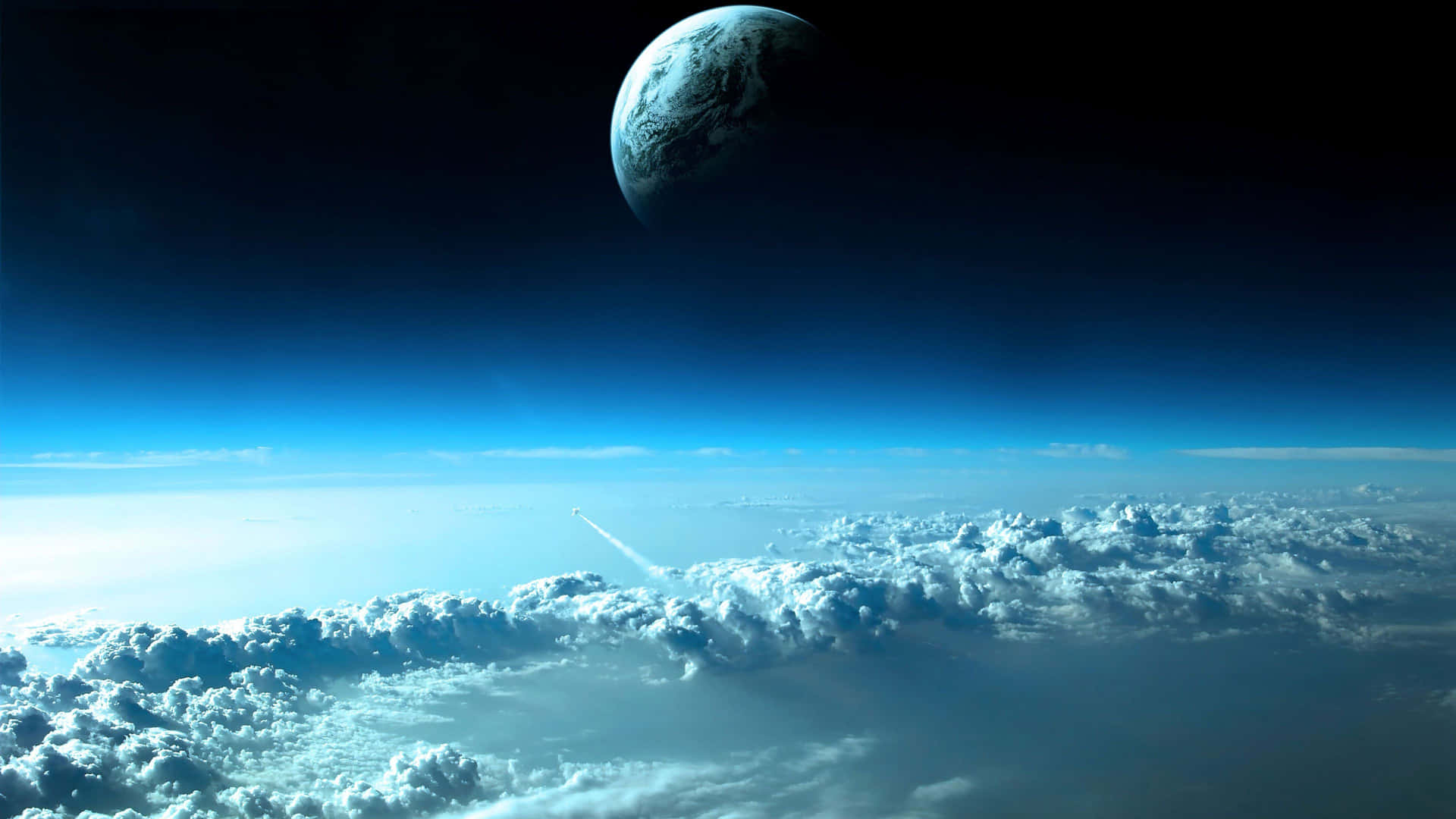 火箭穿過雲層升向太空中遙遠的藍色星球。