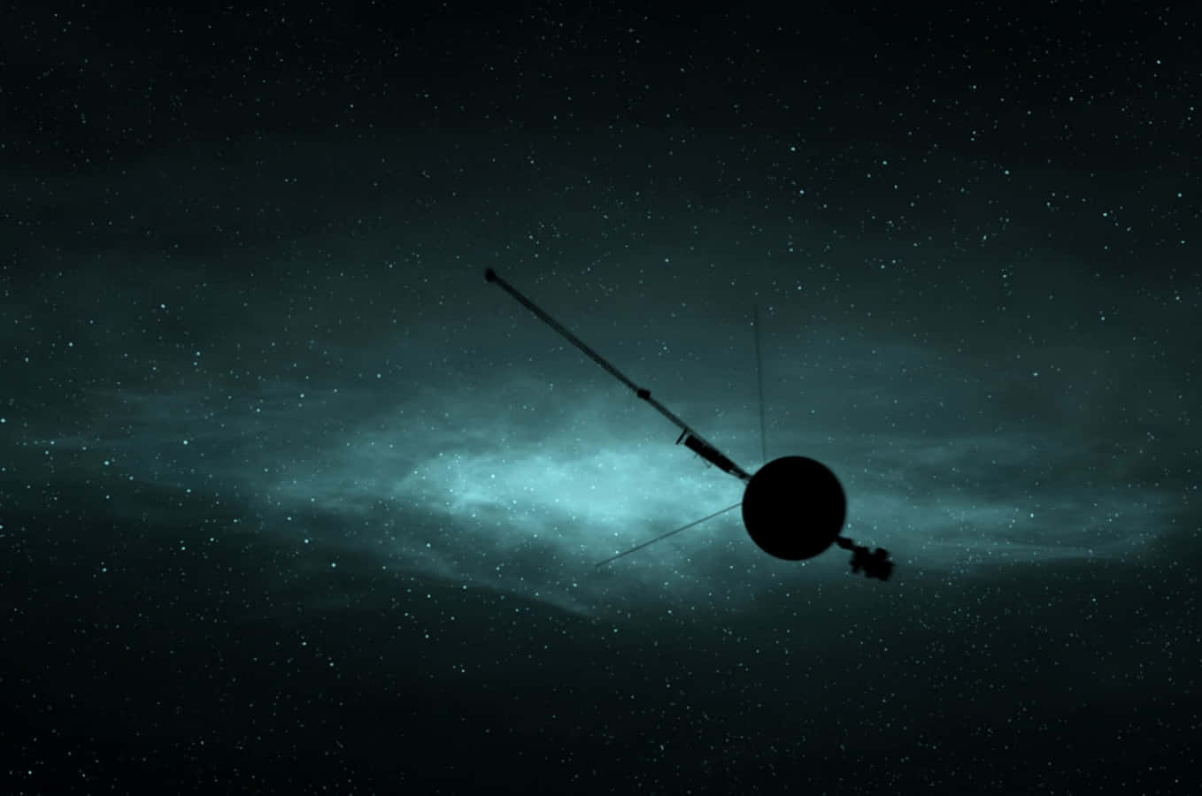 衛星剪影漂浮在佈滿星星的藍綠色星雲中。