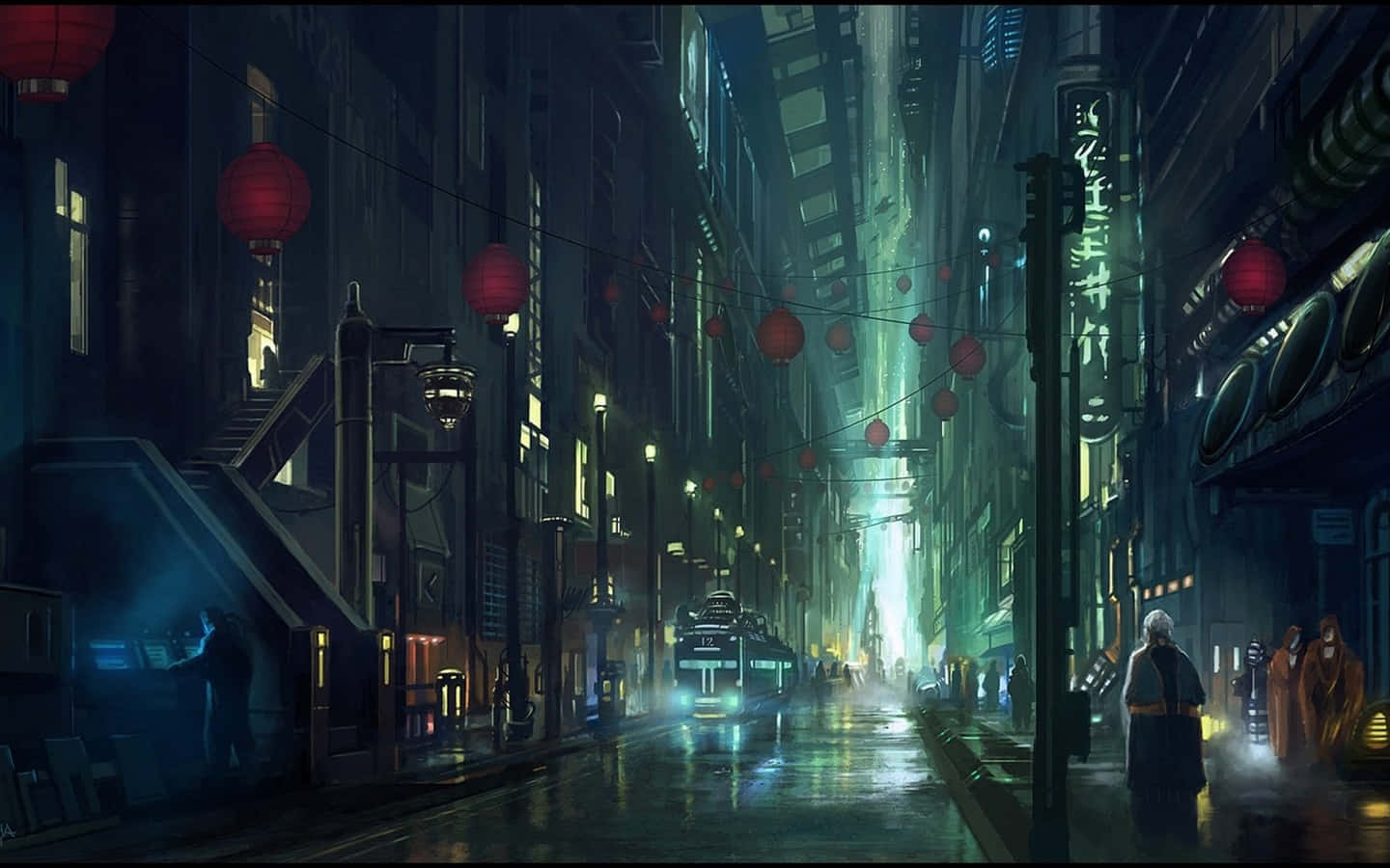 雨夜中一條未來風格的街道，紅色燈籠和霓虹燈閃爍。