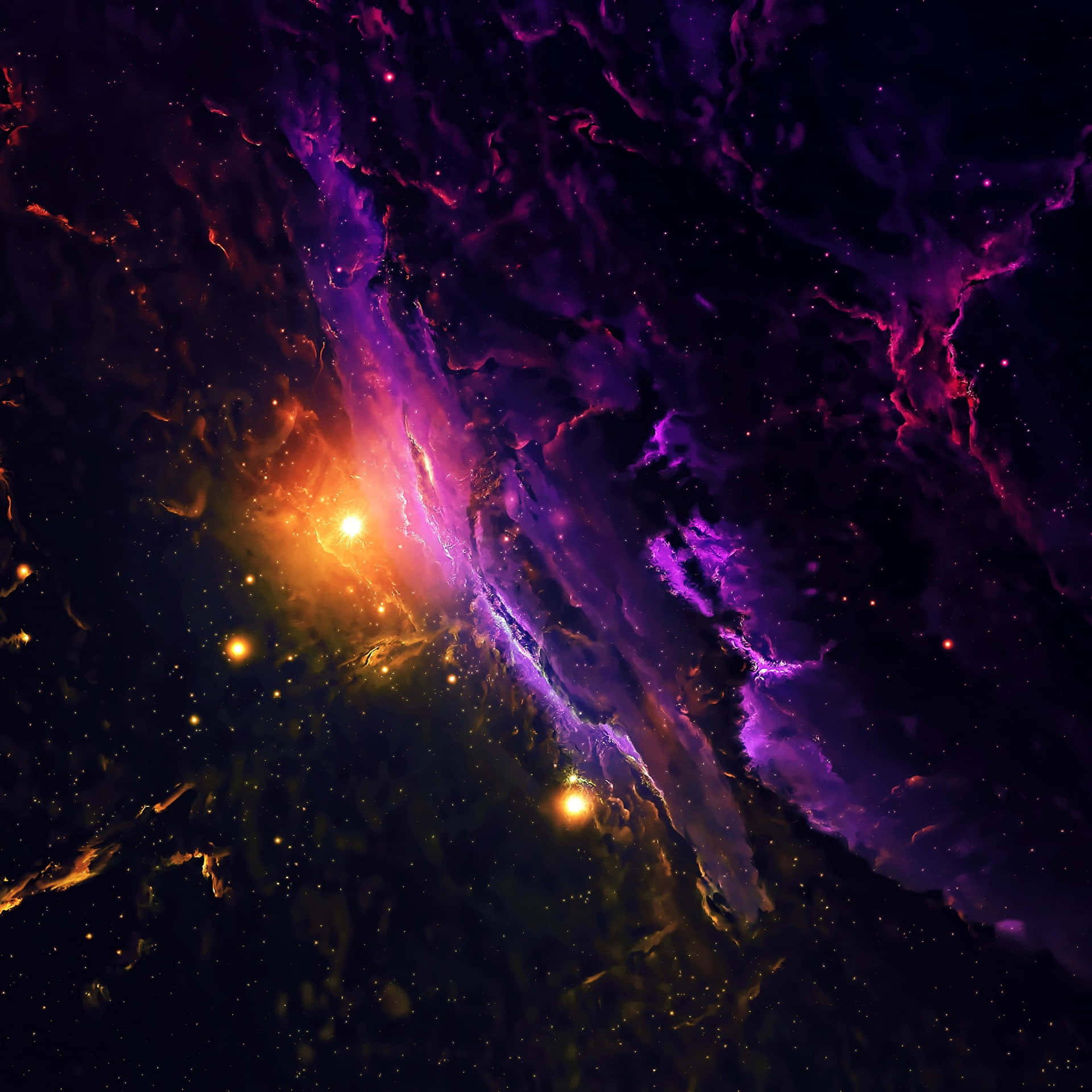 在深空中帶有發光星星的充滿活力的紫色和橙色星雲。