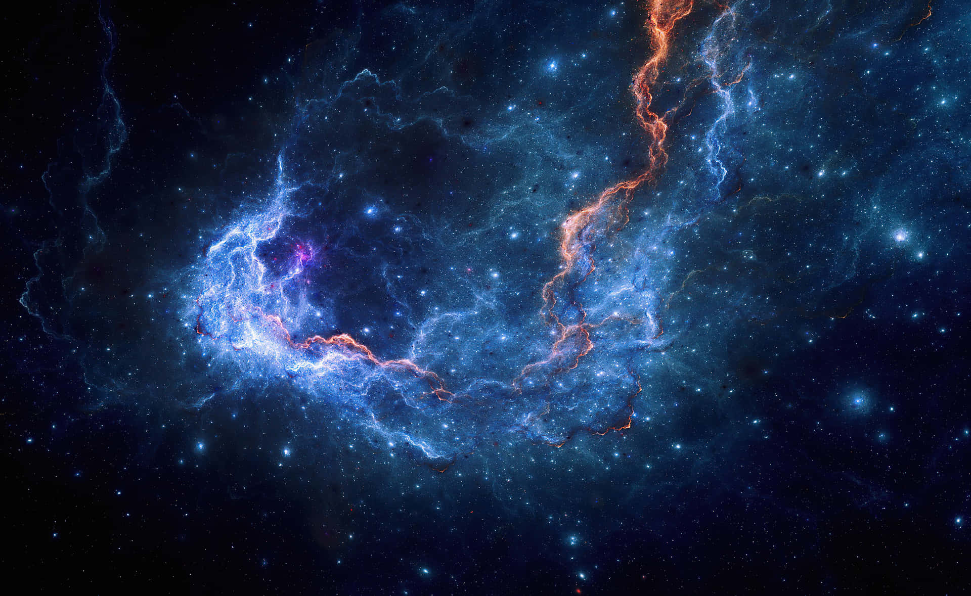 深空中帶有星星的發光藍橙色星雲。