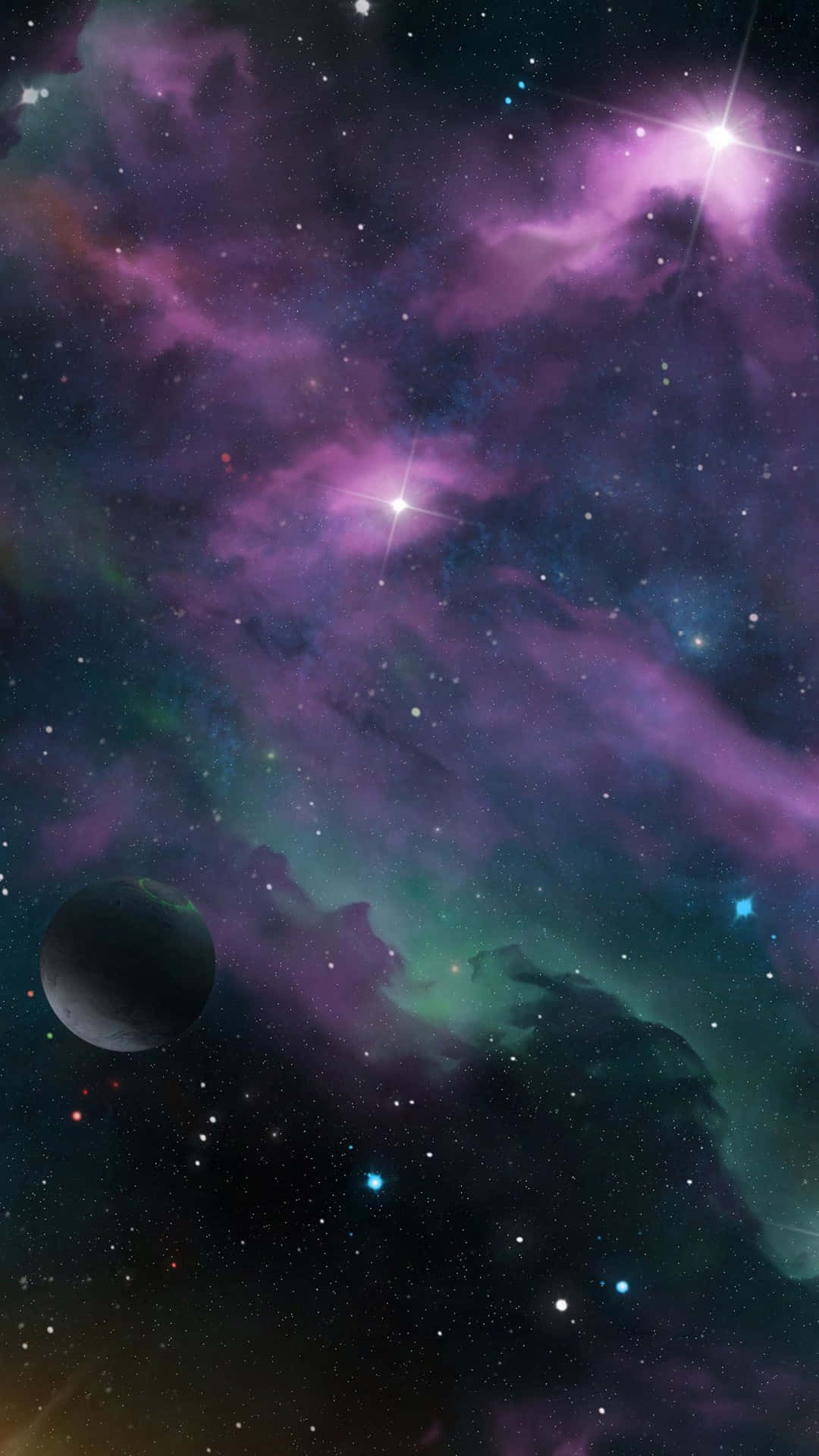 深空中帶有閃爍星星和黑暗行星的鮮豔紫色和綠色星雲。