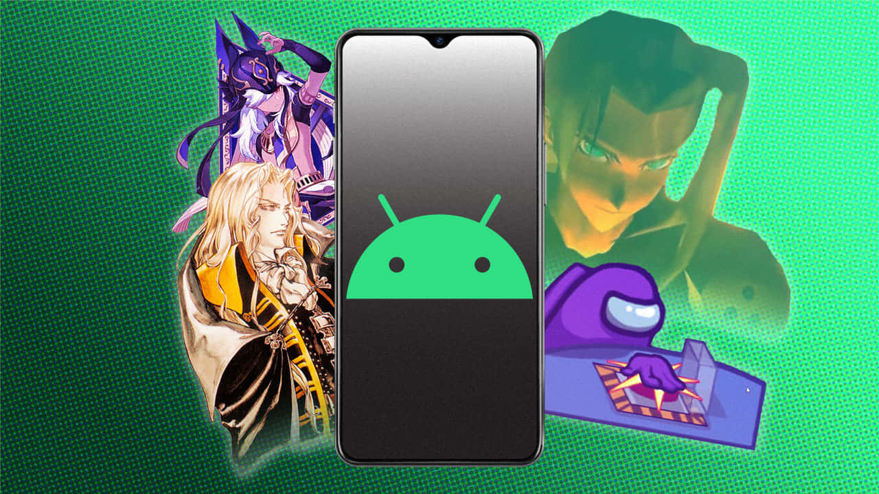 探索安卓的世界 壁紙 — 一部智能手機在綠色紋理背景上顯示Android標誌，周圍環繞著動漫角色。