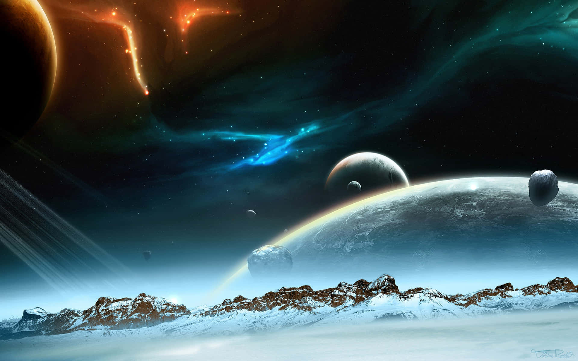 白雪覆蓋的外星山脈，在色彩繽紛的宇宙天空下，有行星和星雲。