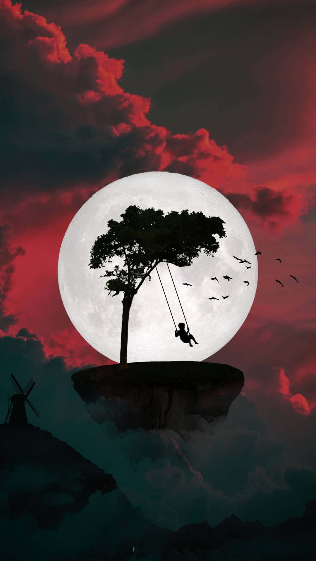 一個人在滿月紅雲下的浮空島樹鞦韆上搖擺的剪影。