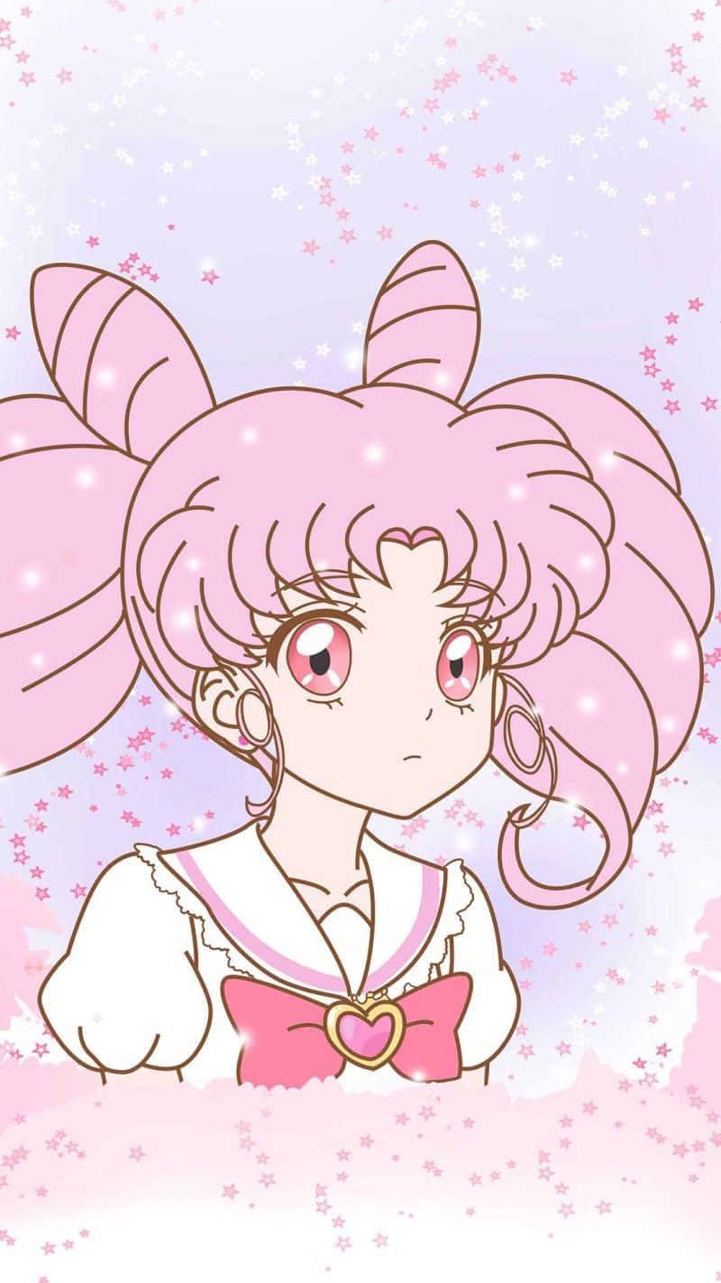 粉紅色頭髮和蝴蝶結的動漫女孩被閃爍的星星包圍。