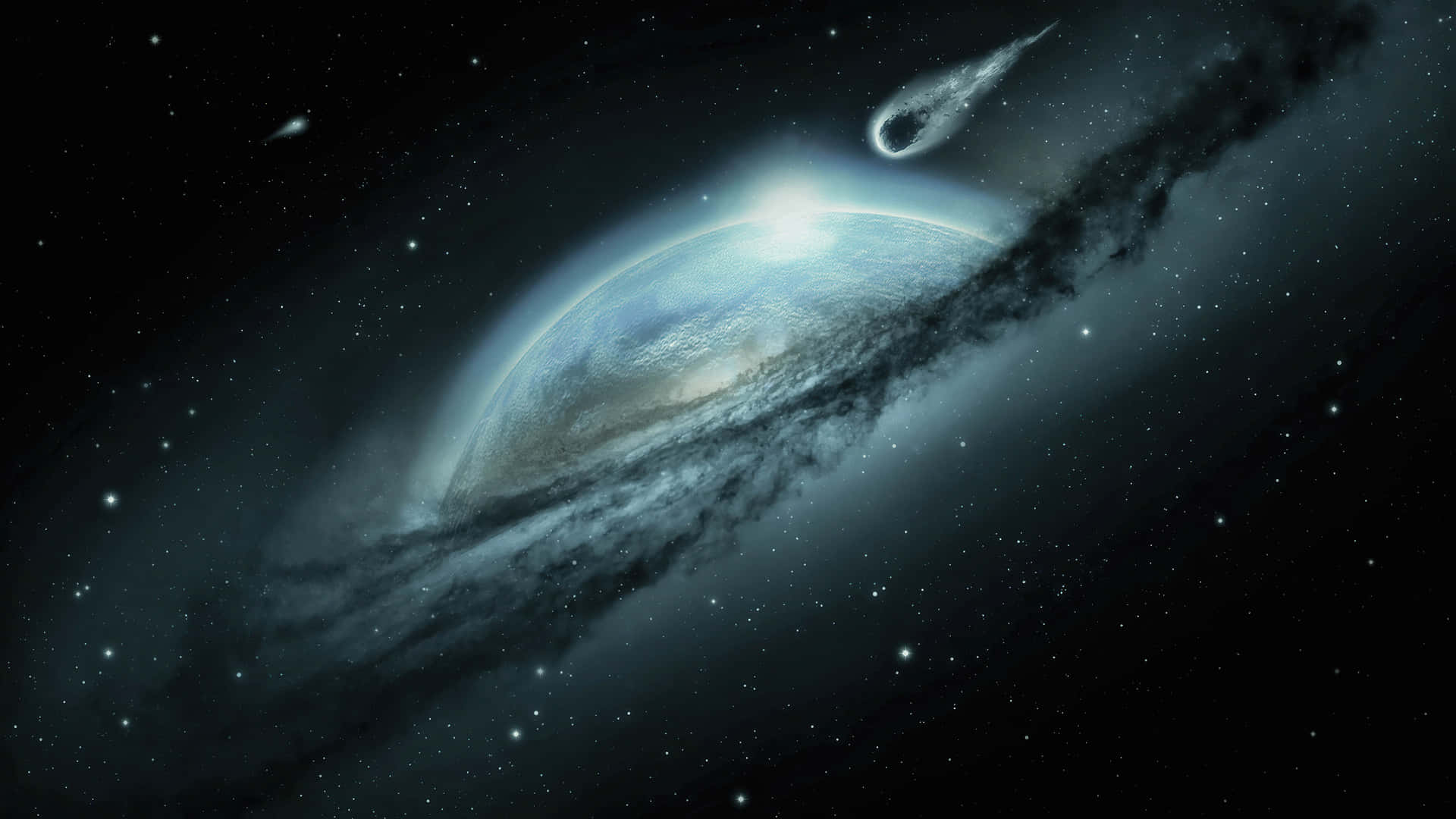 一顆藍色行星，帶有旋轉的雲層，被宇宙塵埃和流星包圍在太空中。
