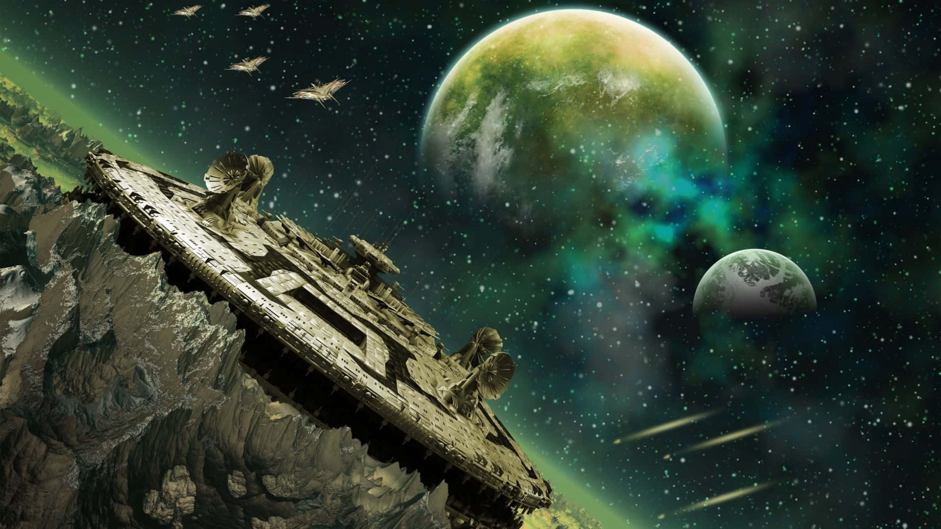 一艘大型太空船棲息在懸崖上，俯瞰著彩色星雲中的兩顆行星。