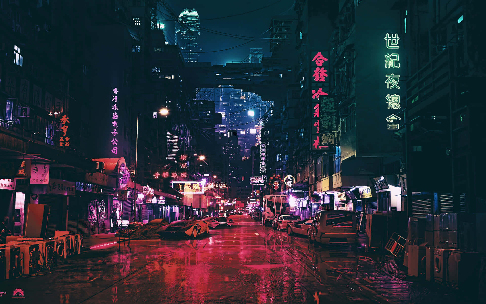 霓虹招牌在雨夜的賽博龐克城市濕漉漉的街道上閃耀。