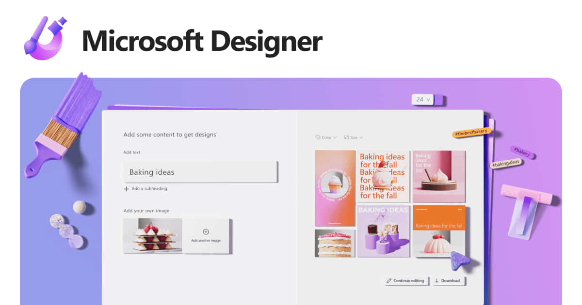 Microsoft Designer 應用程式界面顯示烘焙設計模板，並帶有漂浮的創意工具。