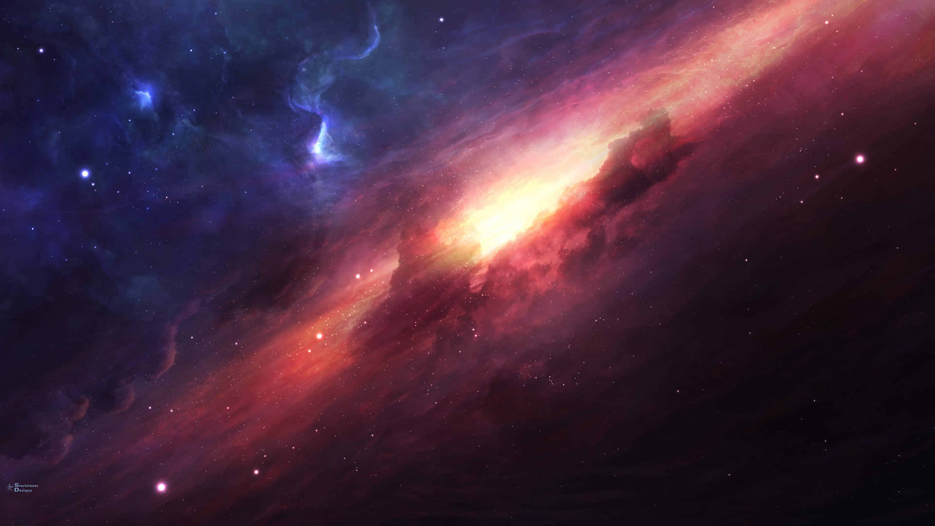 充滿活力的宇宙星雲，在深空中呈現紅色和藍色的雲層以及散落的星星。