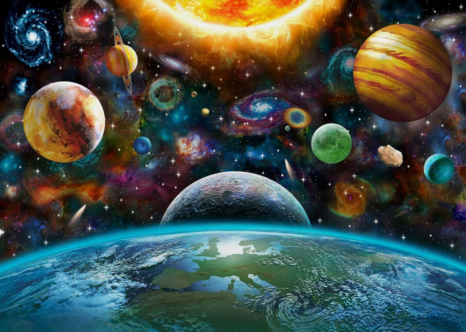 從太空看地球，背景中有色彩繽紛的行星和星系。