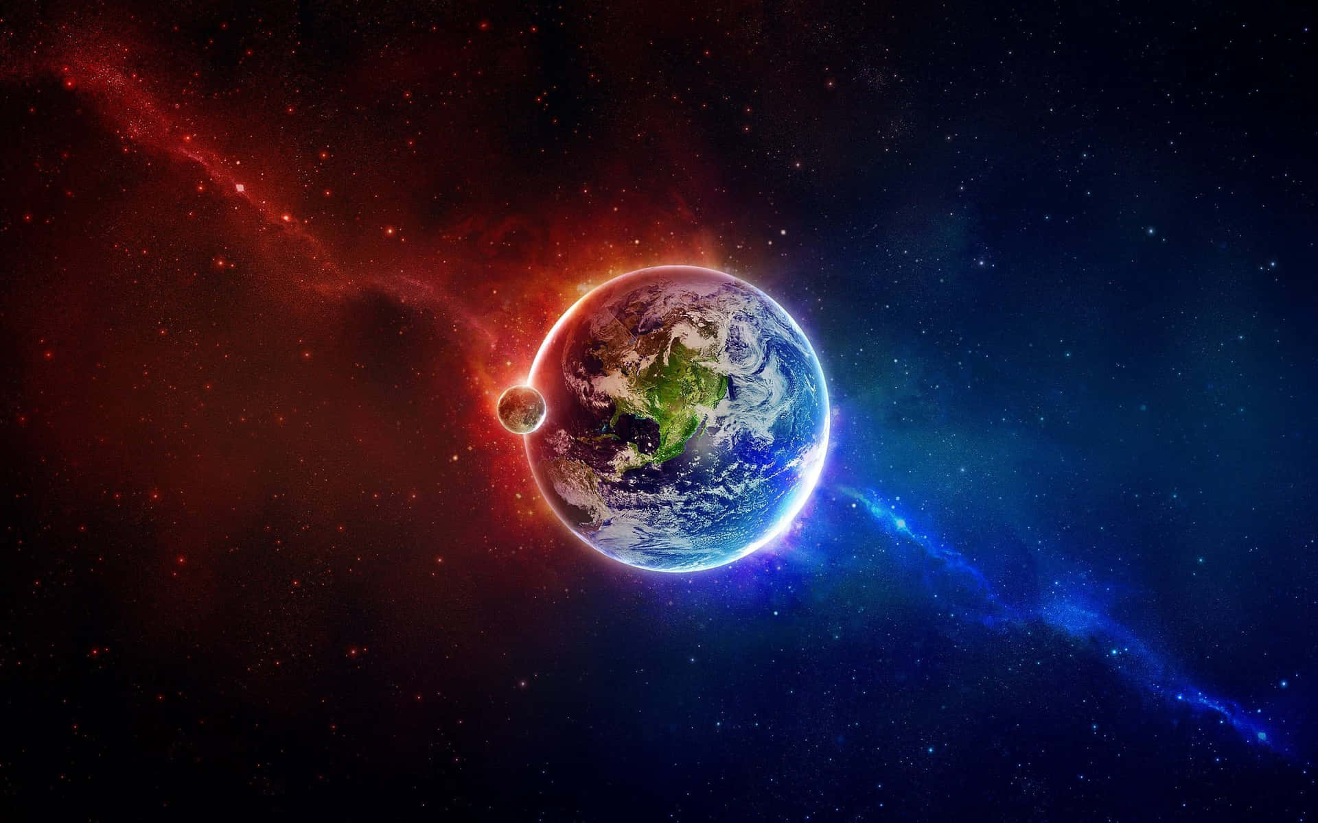被鮮豔的紅色和藍色宇宙雲及恆星環繞的地球。