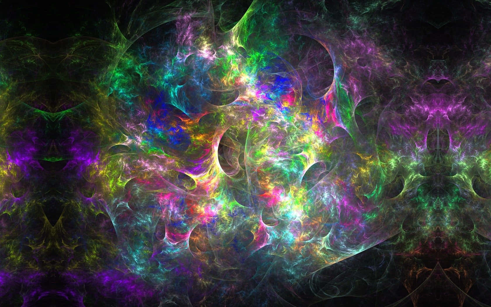 探索我們巨大而動態宇宙的無限之美 壁紙 — 充滿活力的分形星雲，在黑暗的宇宙虛空中旋轉著霓虹綠、紫和粉紅色。