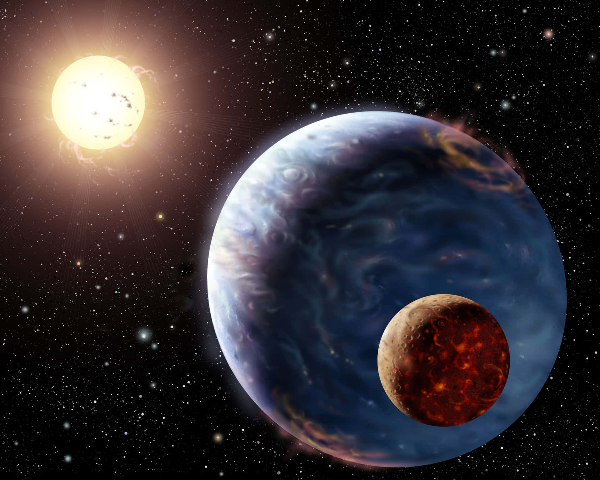 一顆藍色氣體巨星和一顆紅色月亮繞著一顆明亮的恆星運行，在星空場景中。