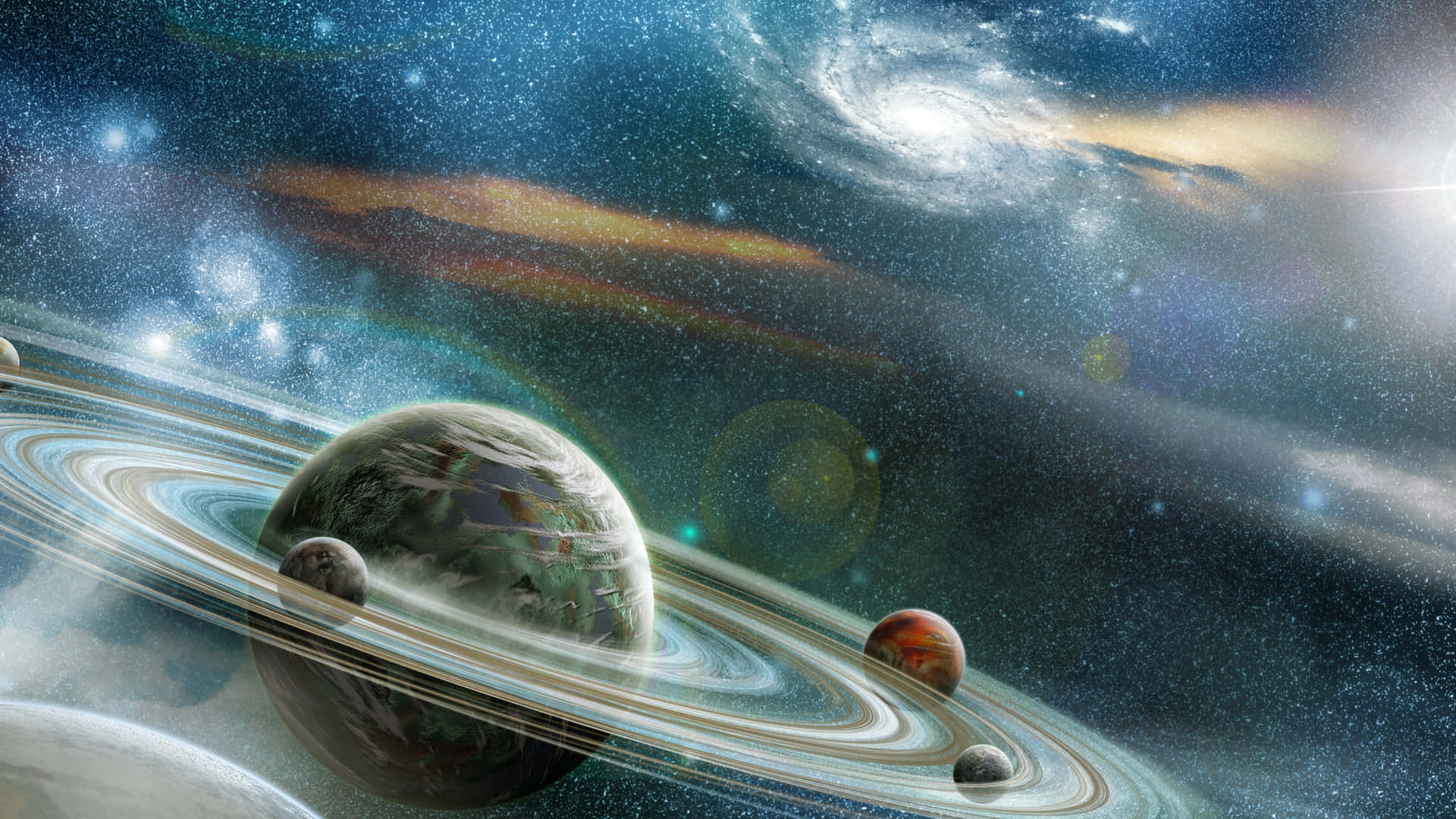 一顆擁有綠色大陸的環狀行星漂浮在色彩繽紛的宇宙星雲中。