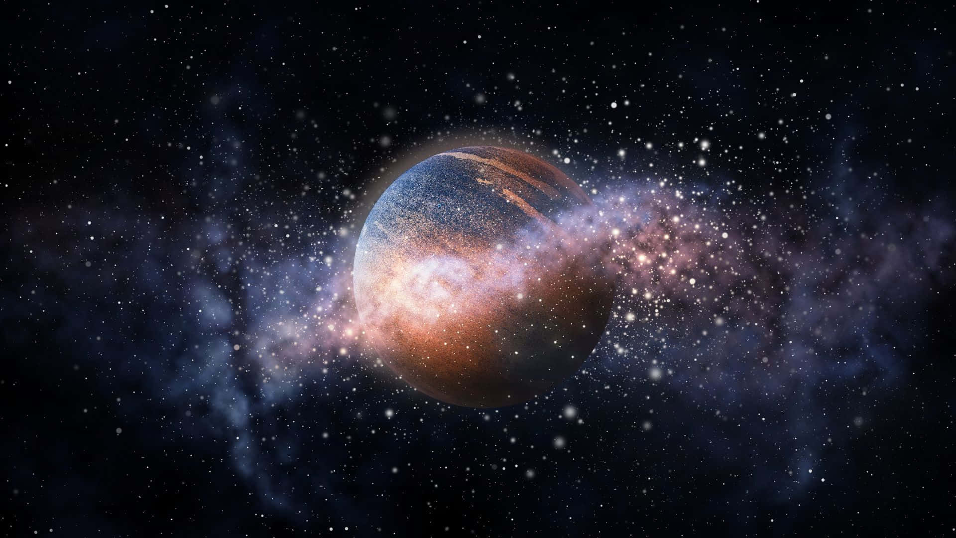 一顆色彩繽紛的行星，被星星和發光的星雲包圍在深空。