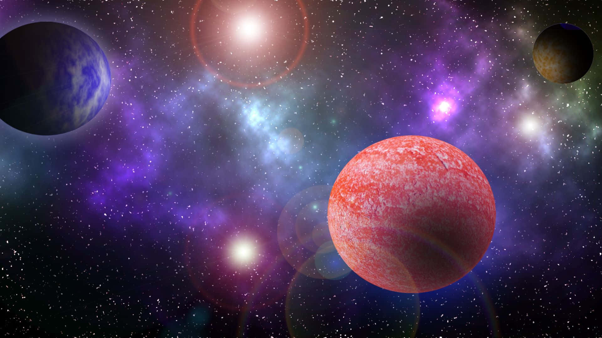 一顆帶有旋轉雲層的紅色行星漂浮在色彩繽紛的星雲中，伴隨著其他行星和恆星。