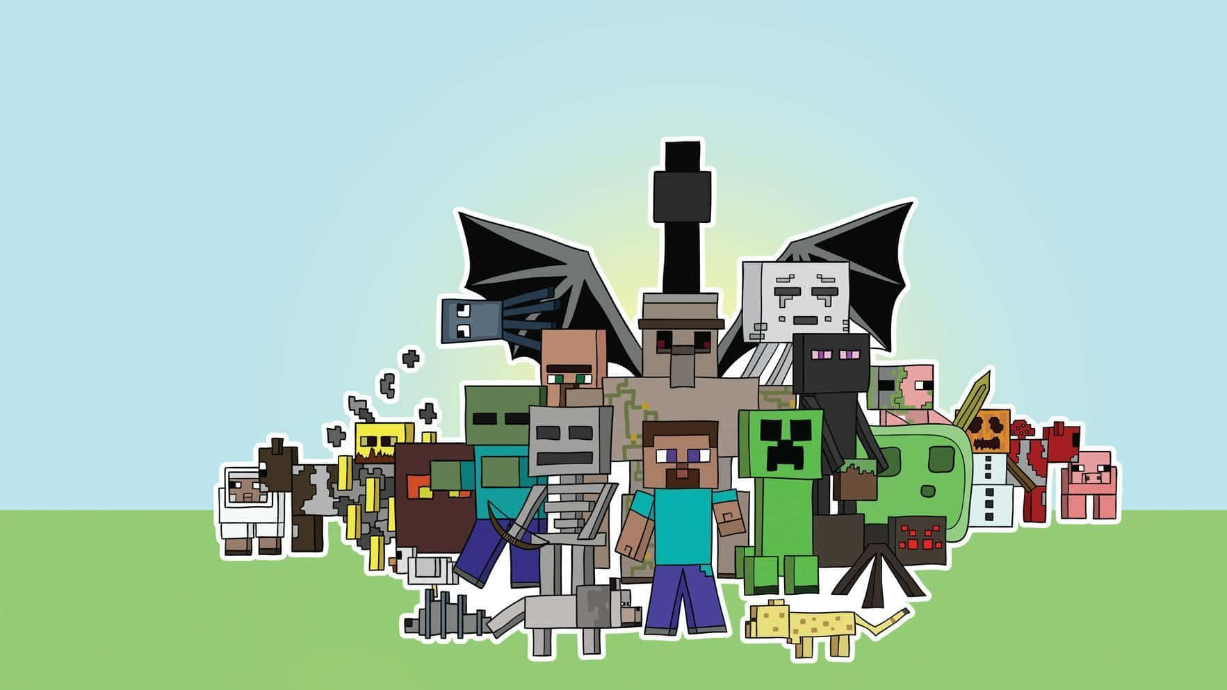 Minecraft角色如Steve和Creeper站在藍天下的草地上。