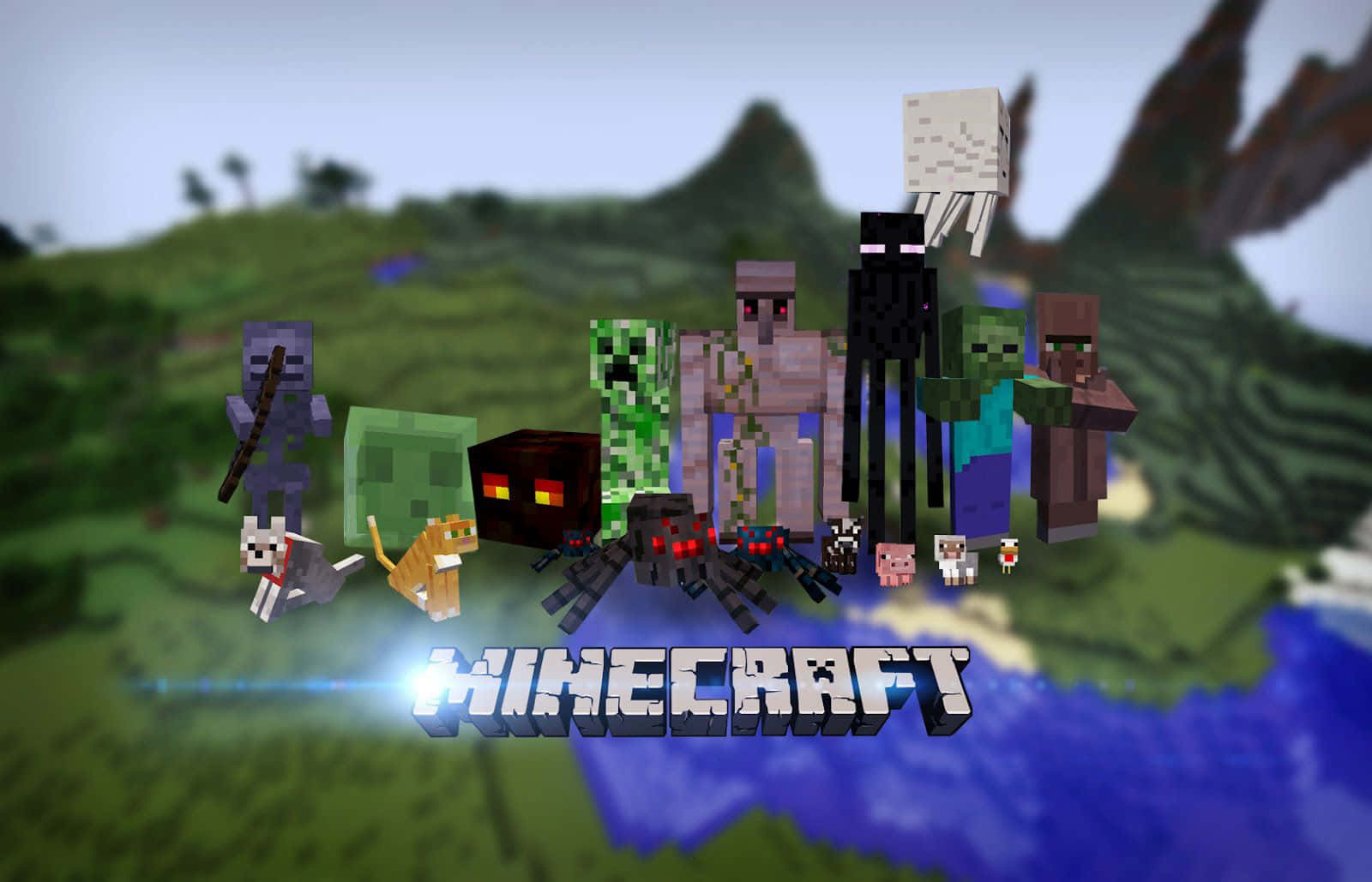 Minecraft遊戲角色站在水邊的草地上。