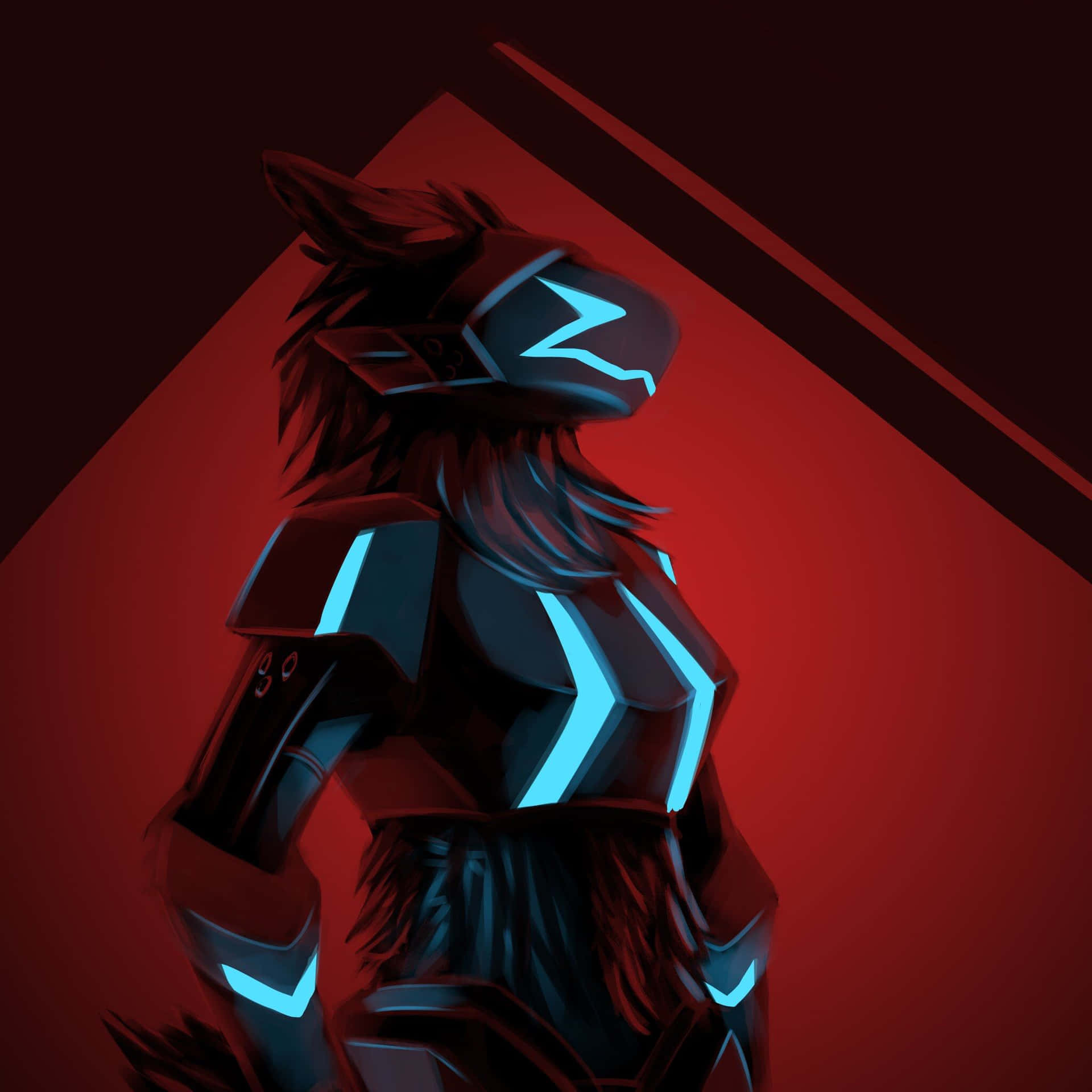 Cyberpunk 狐狸身穿發光藍色盔甲，背景為紅色幾何圖案。
