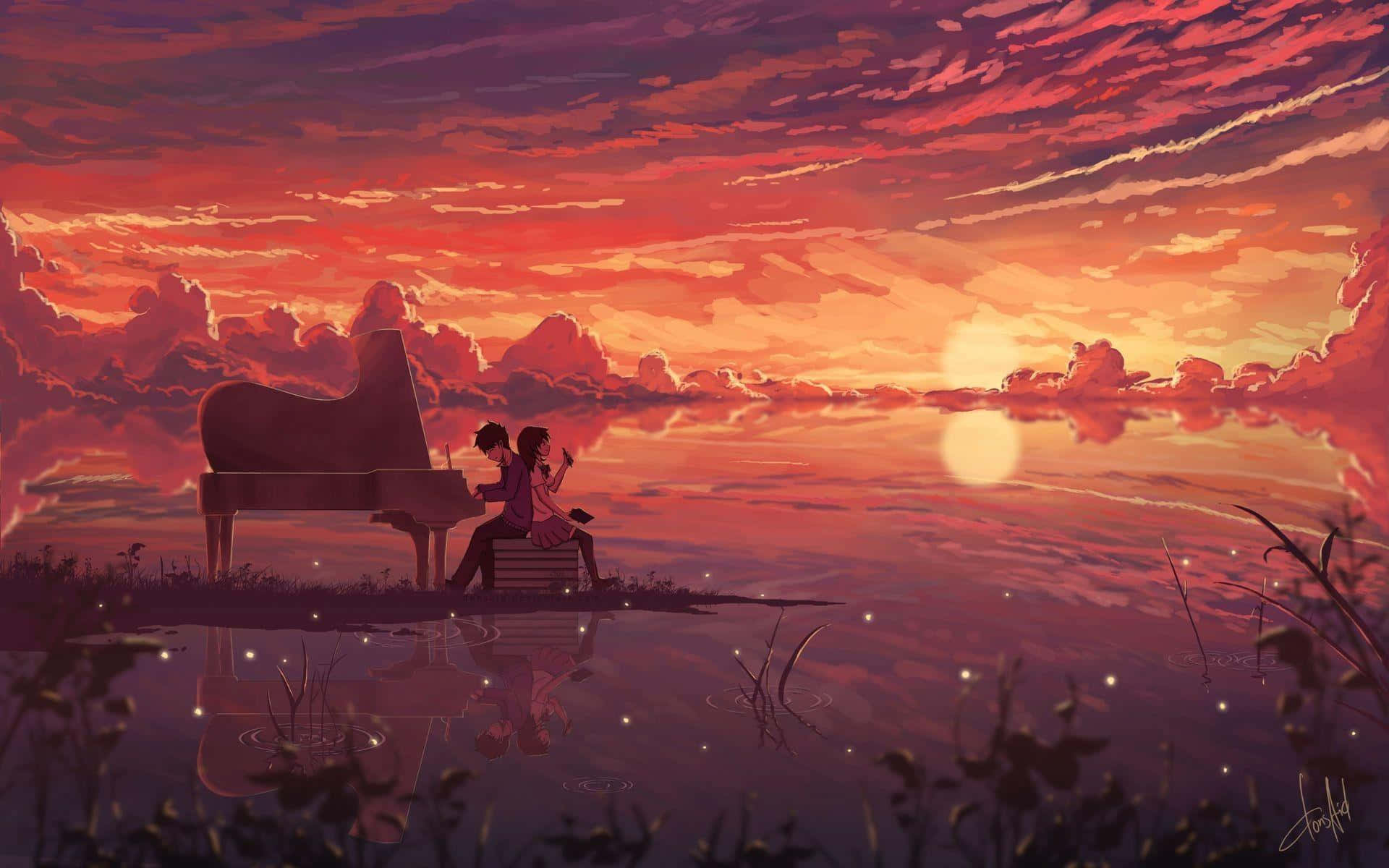 情侶在湖邊夕陽下彈鋼琴，熾熱天空倒影 — 美學版 among US GIF 壁紙