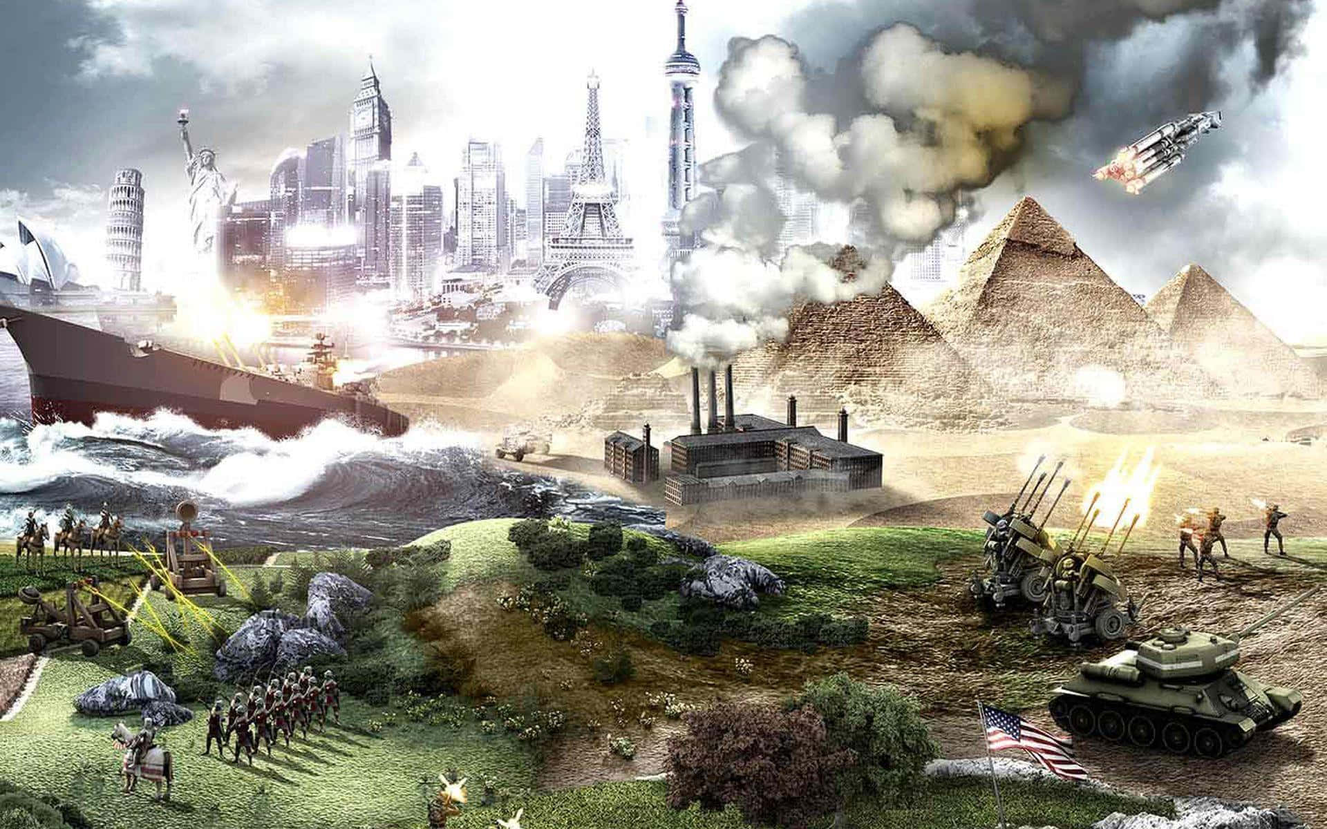 探索文明V的魔法世界 壁紙 — 一個混亂的全球戰爭拼貼畫，融合了標誌性地標與坦克、戰艦和士兵，在暴風雨的天空下。