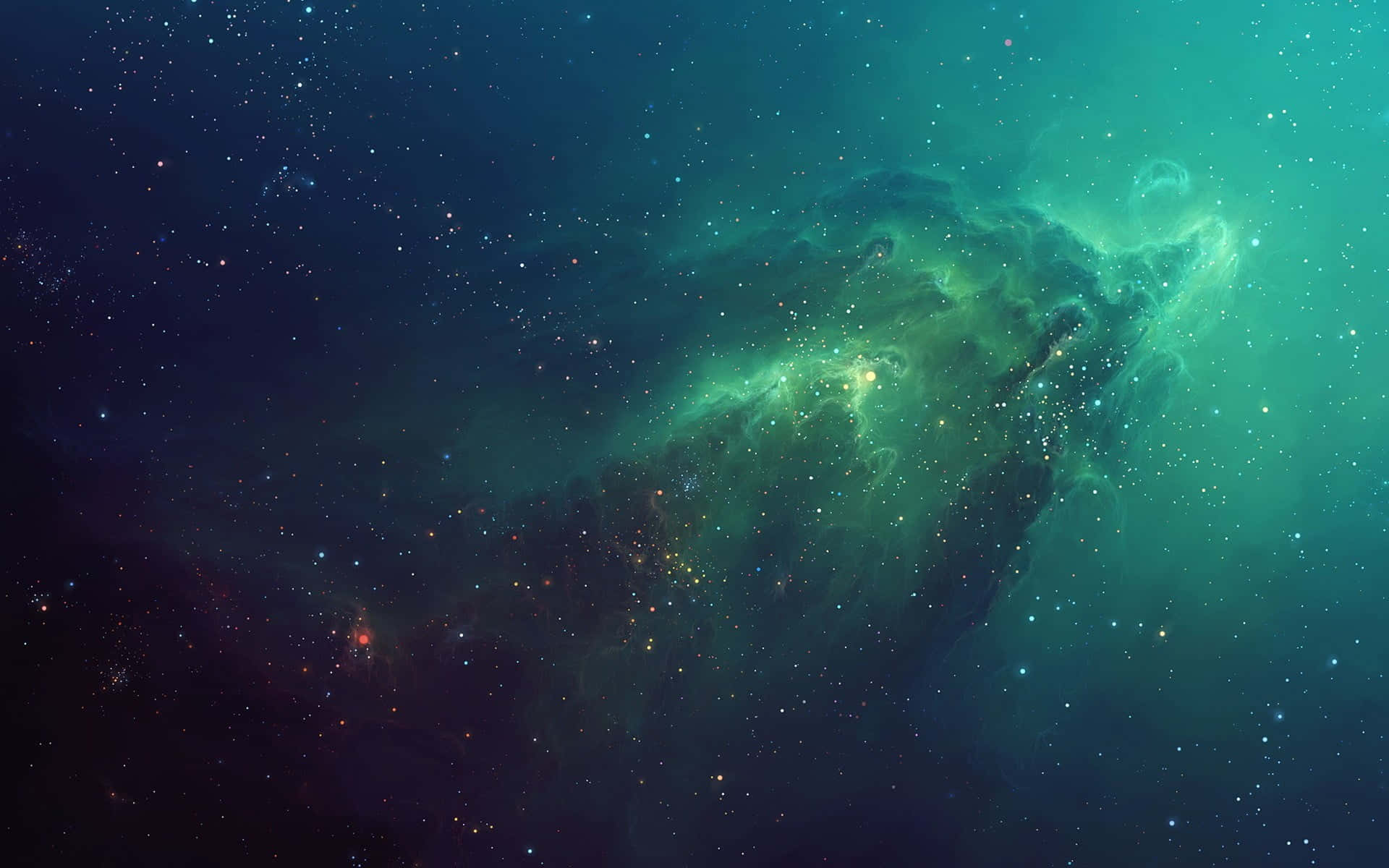 深空中帶有星星的發光綠色星雲。